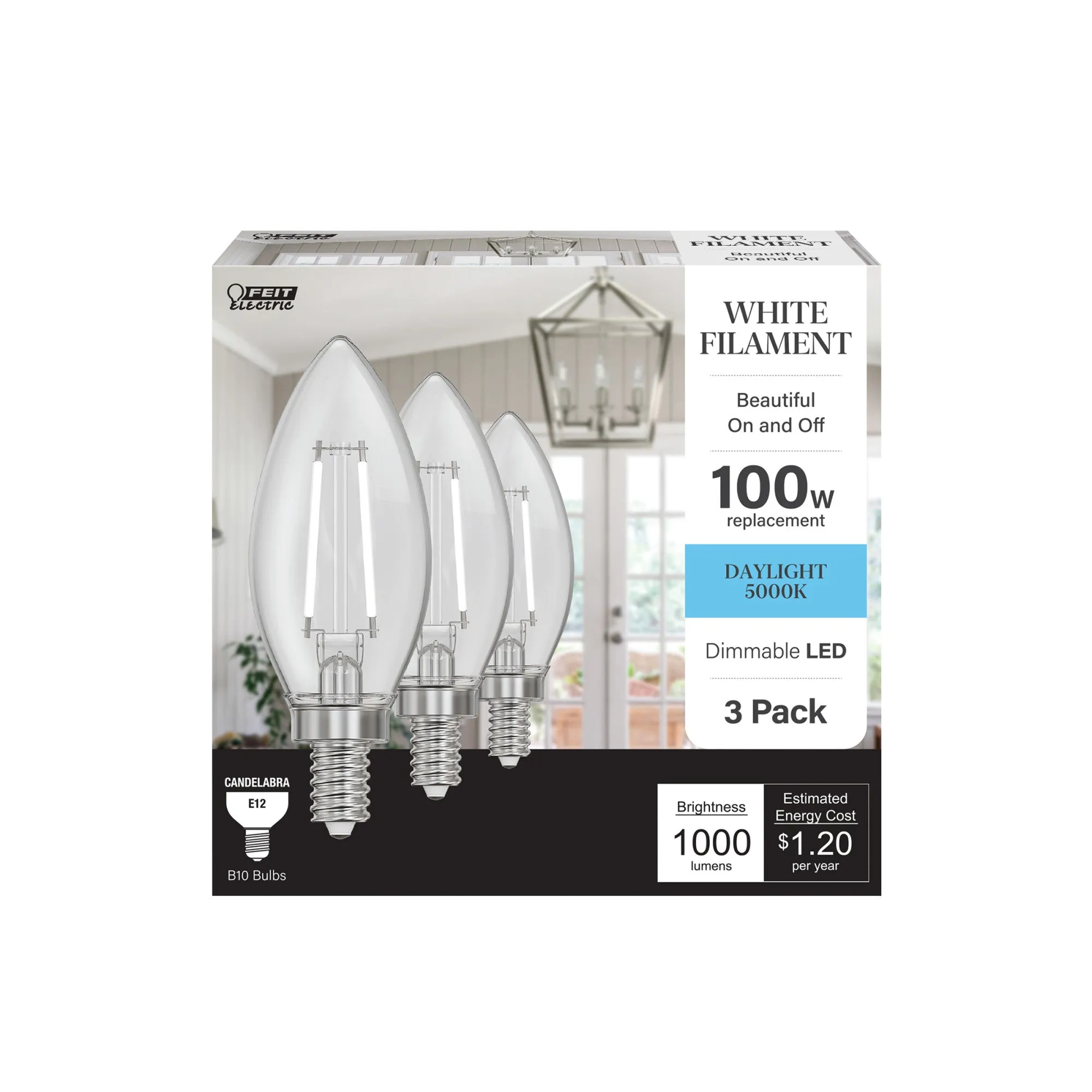 10W (100W Equivalent) Daylight (5000K) B10 Shape (E12 Base) Torpedo Tip LED Exposed White Filament Bulb (3-Pack)