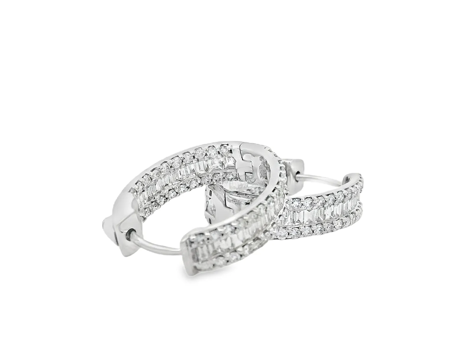 14K White Gold Baguette & Round Diamond Hoops