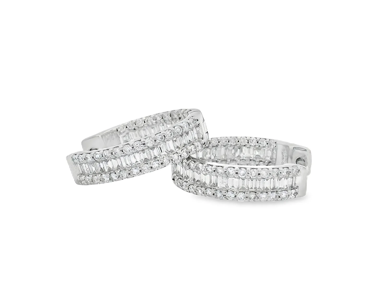 14K White Gold Baguette & Round Diamond Hoops