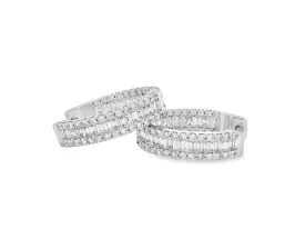 14K White Gold Baguette & Round Diamond Hoops