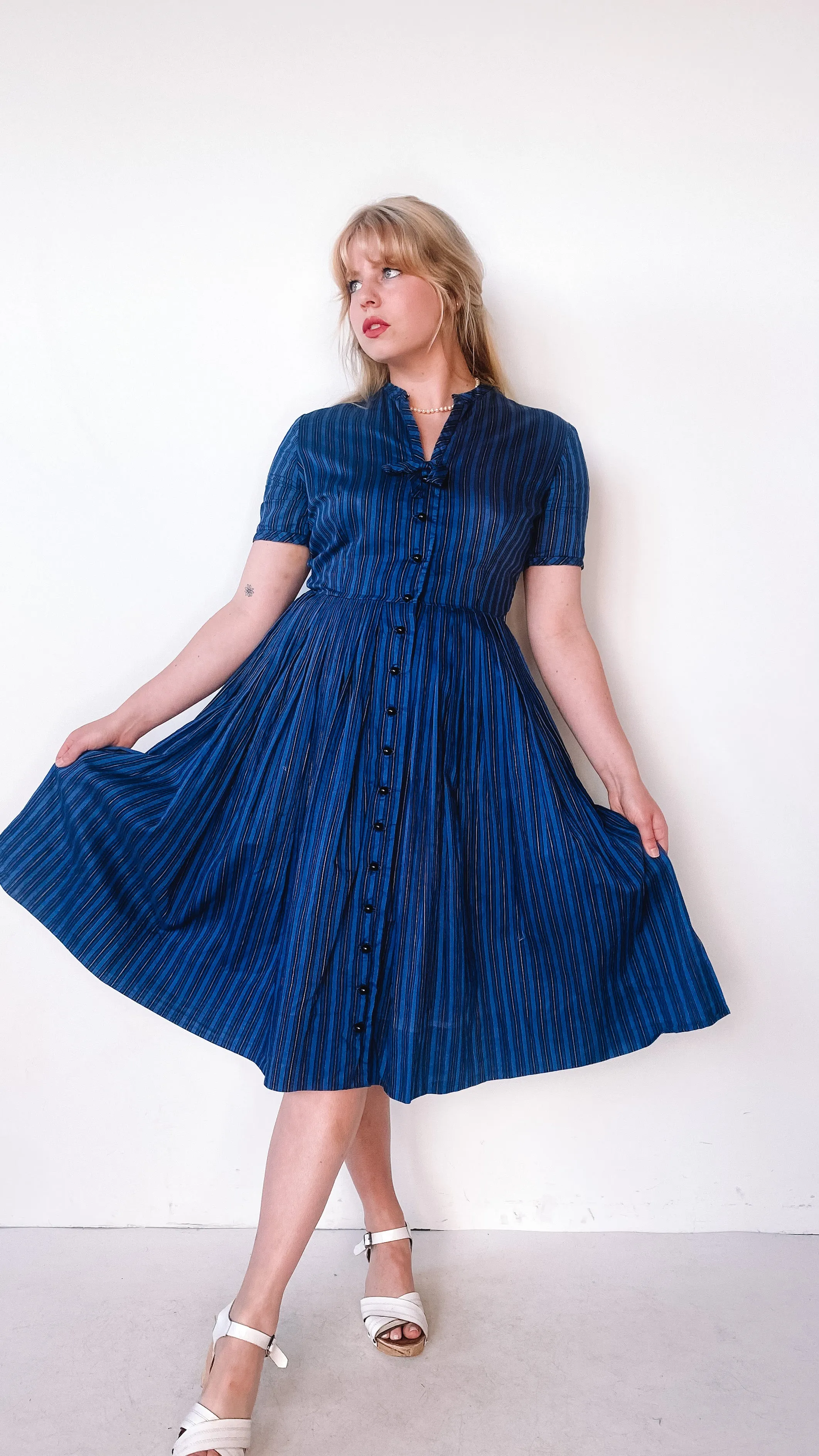 1950s Petti 4s Blue Striped Dress, sz. M