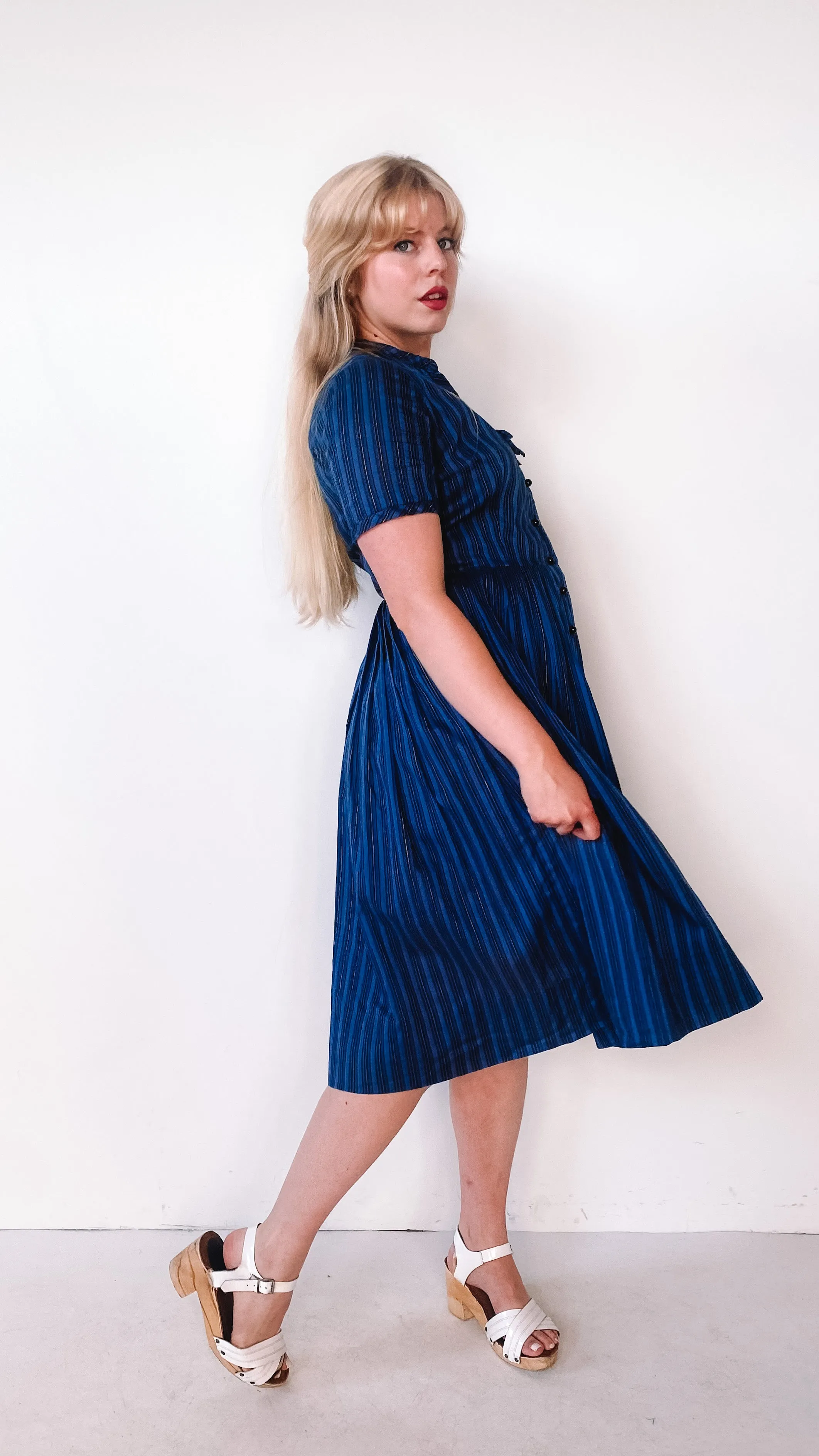 1950s Petti 4s Blue Striped Dress, sz. M