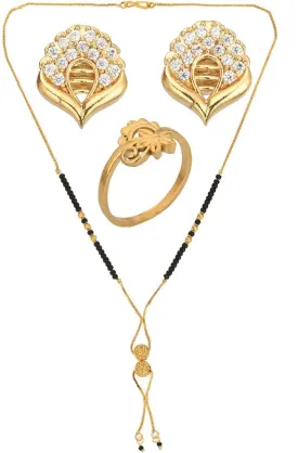 AanyaCentric Gold-plated Jewelry Combo: Elegant Short Mangalsutra, Finger Ring, and American Diamond Earrings Set