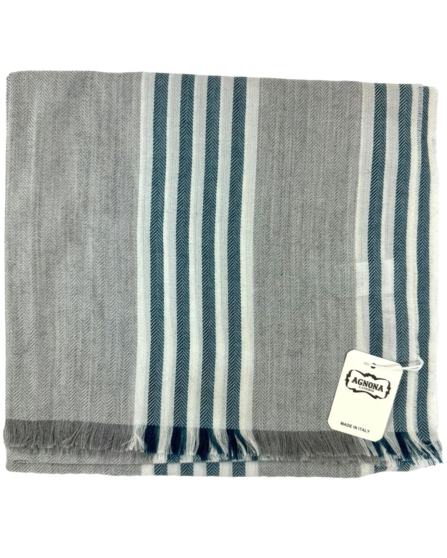 Luxury Cashmere Cotton Shawl - Agnona Taupe Scarf with Dark Blue Stripes - Exclusive Sale!