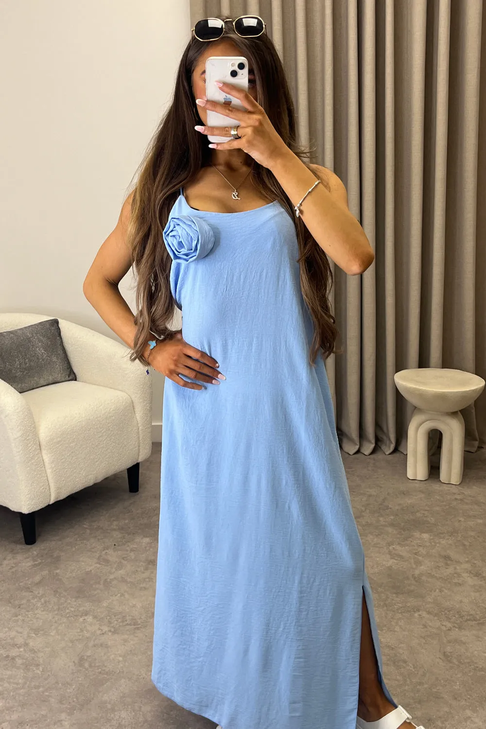 Amaya Blue Flower Corsage Strappy Maxi Dress