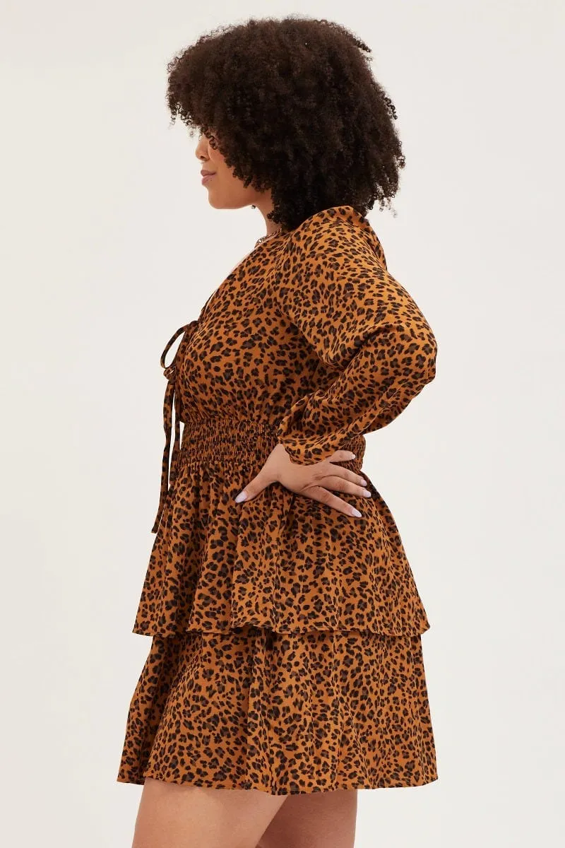 Animal Print Skater Dress V-Neck Long Sleeve