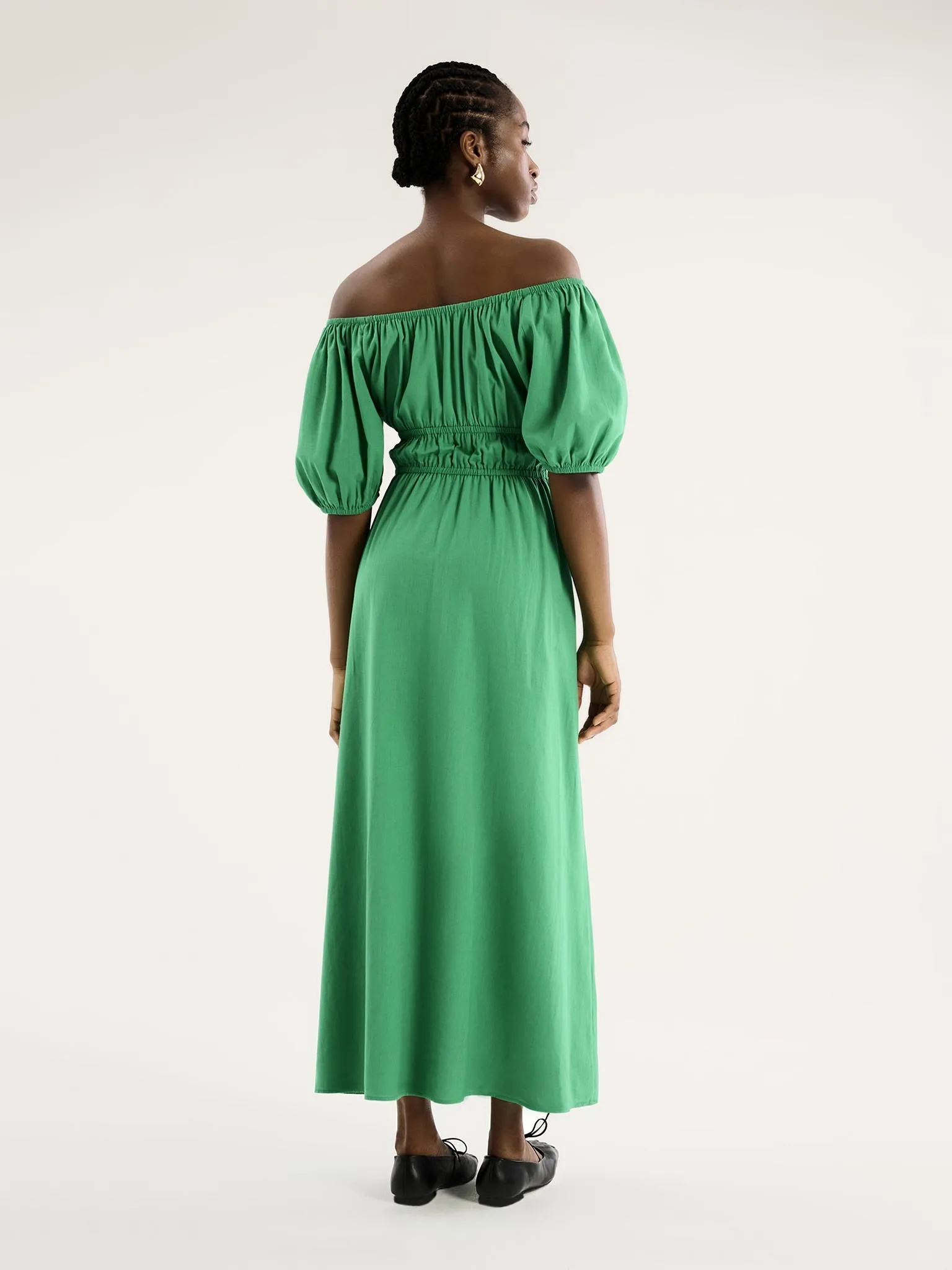 Arya Shirred Detail Round Neck Dress in Green