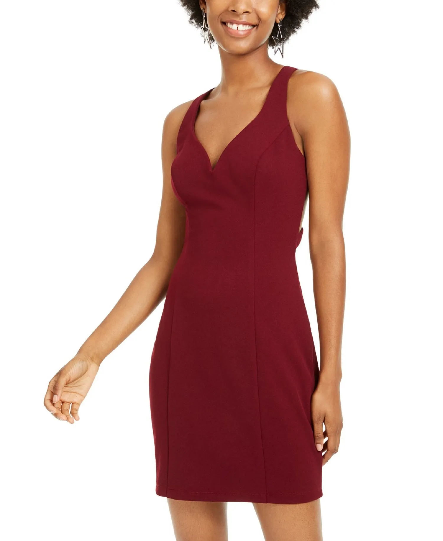 B Darlin Juniors' V-neck Strappy Sheath Sleeveless Dress, Red Wine, 0