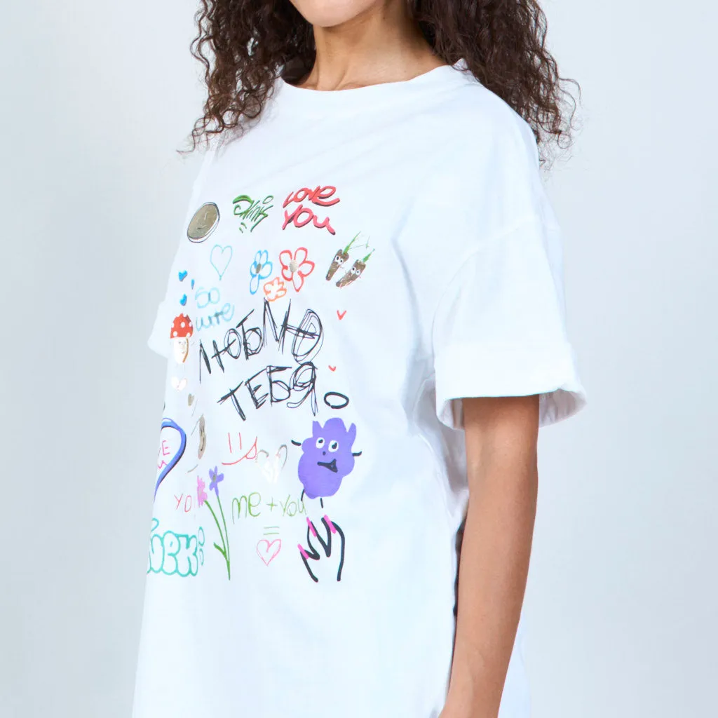 Basic white t-shirt with graffiti details wholesale