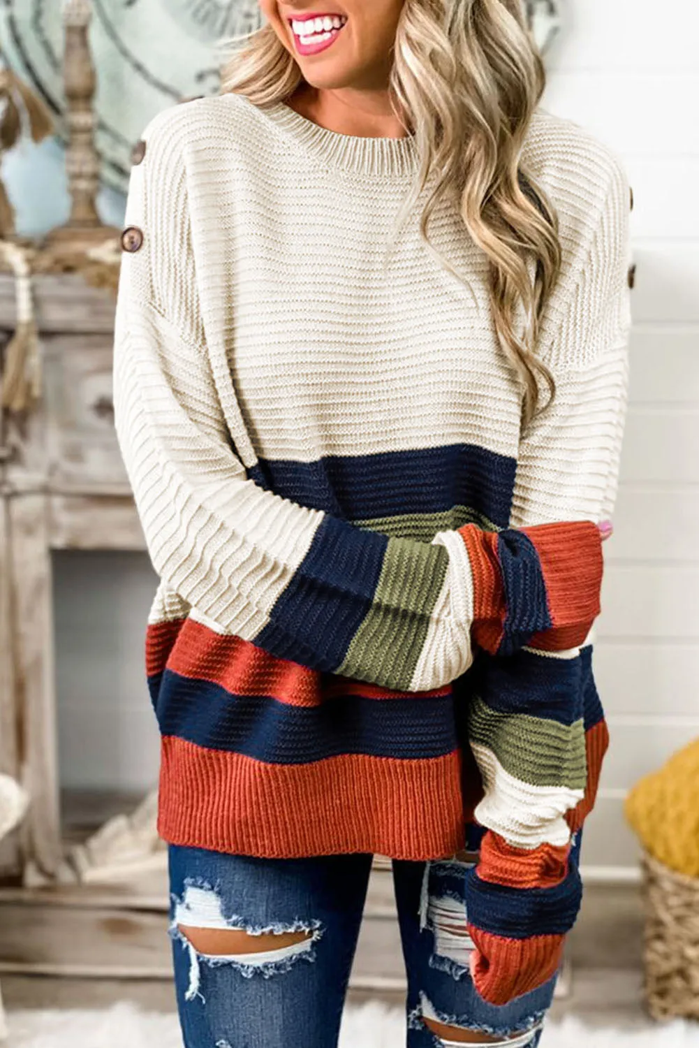 Beige Buttoned Shoulder Striped Sweater