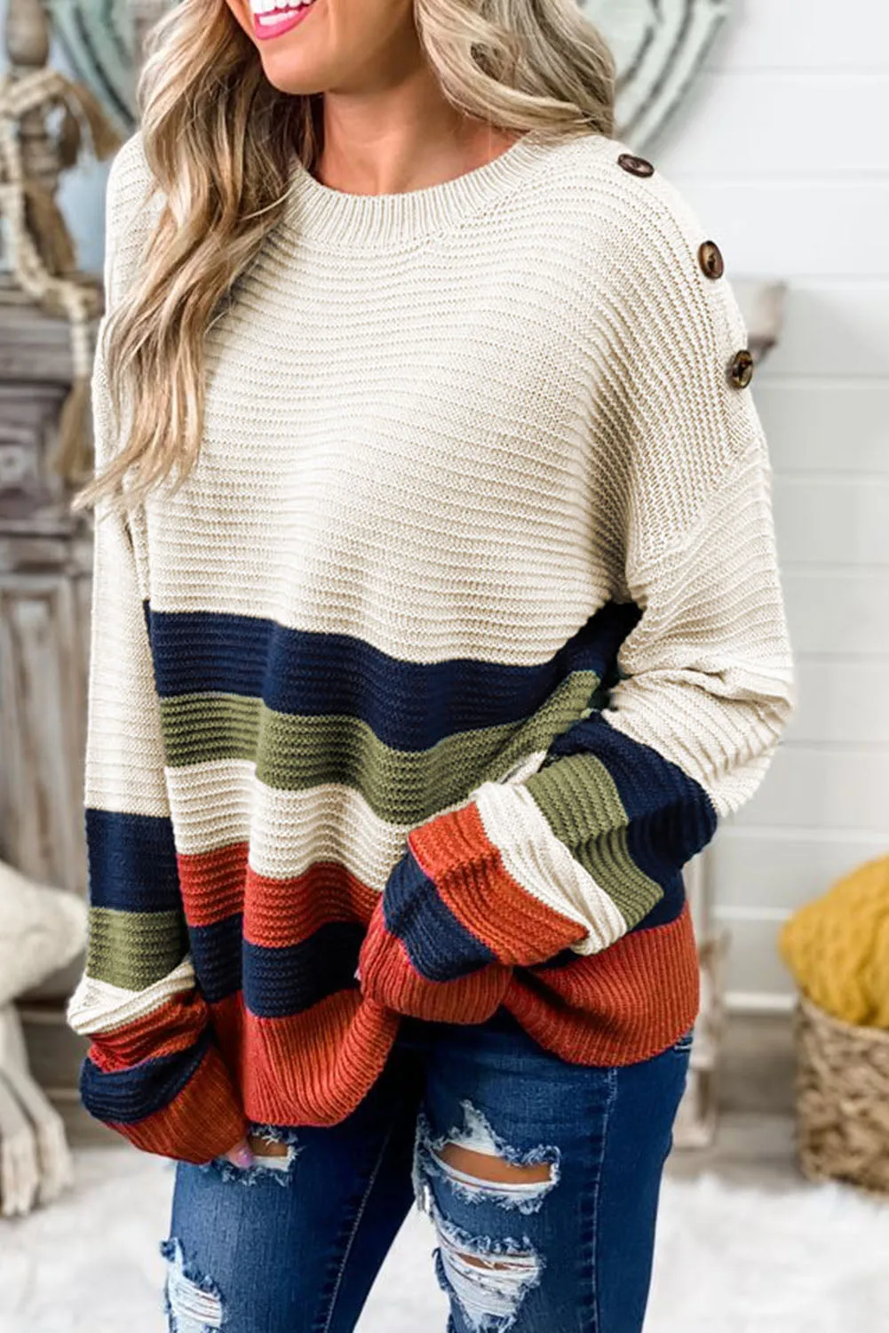 Beige Buttoned Shoulder Striped Sweater