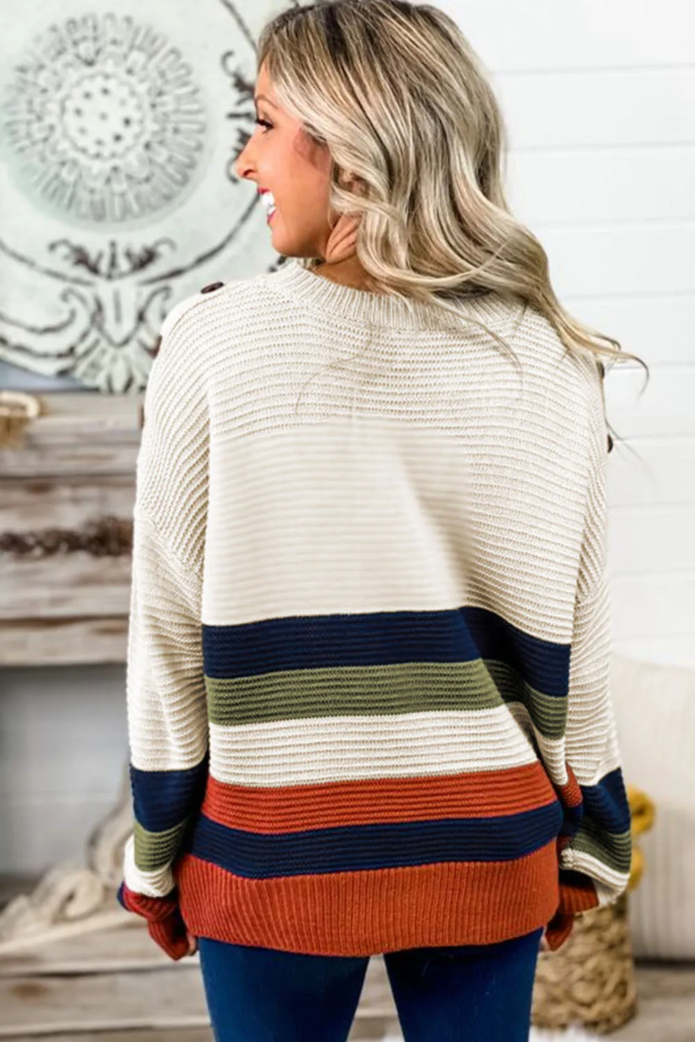 Beige Buttoned Shoulder Striped Sweater