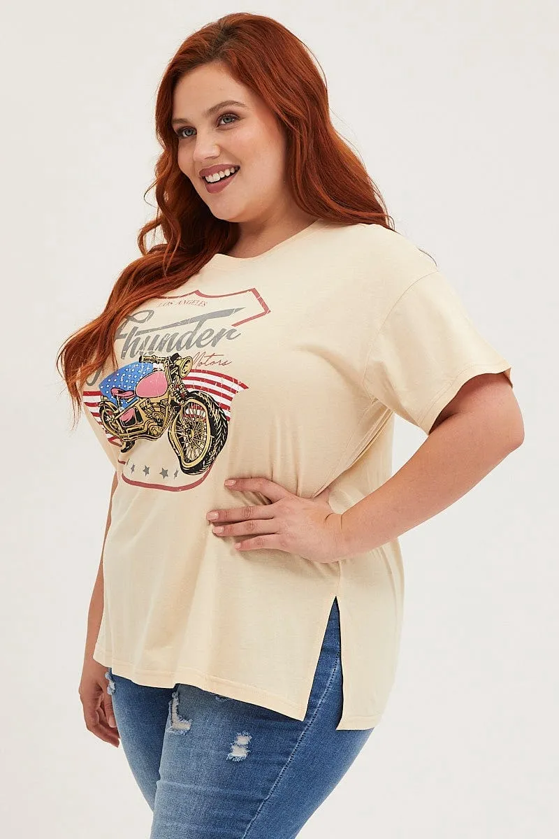 Beige Graphic T-Shirt Thunder Motor Short Sleeve Cotton