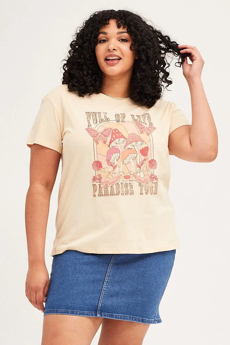 Beige Short Sleeve Round Neck Graphic T Shirt