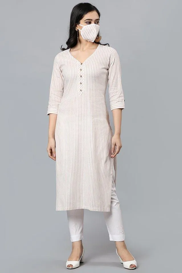 Beige V Neck Candy Cane Kurta