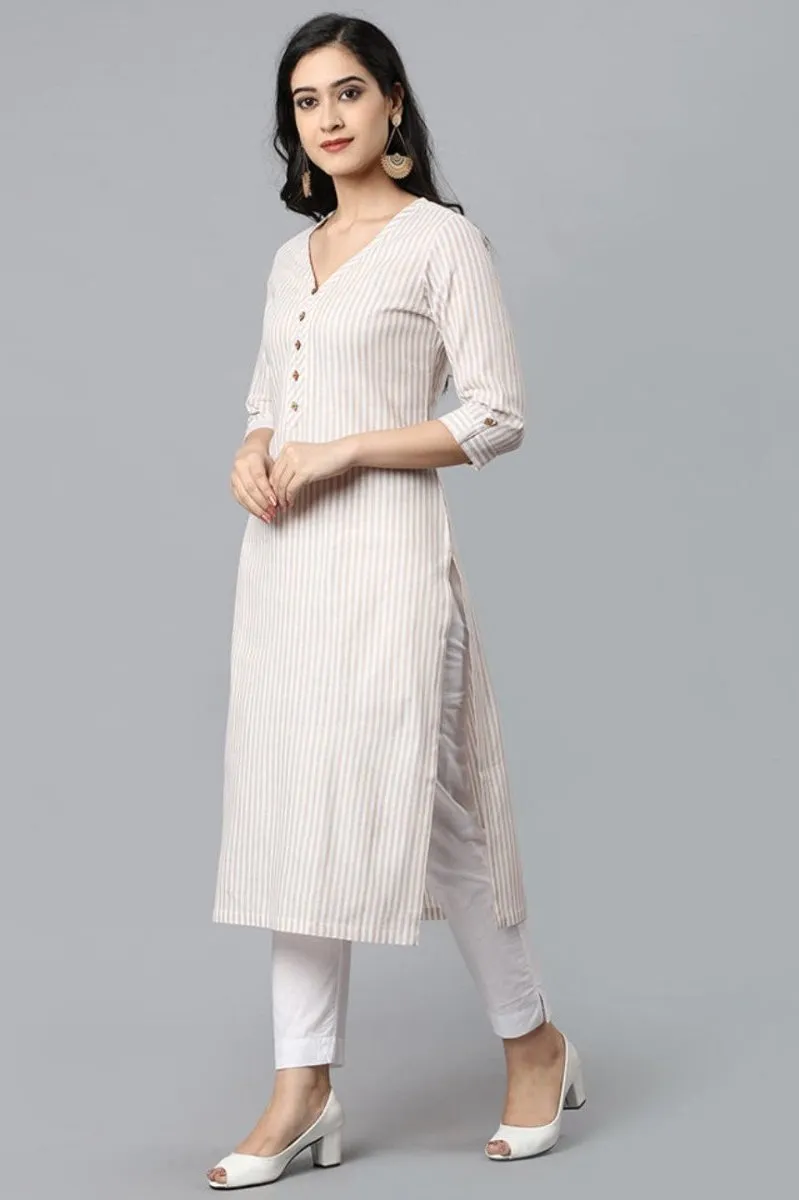 Beige V Neck Candy Cane Kurta