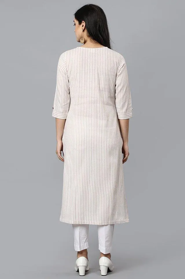 Beige V Neck Candy Cane Kurta