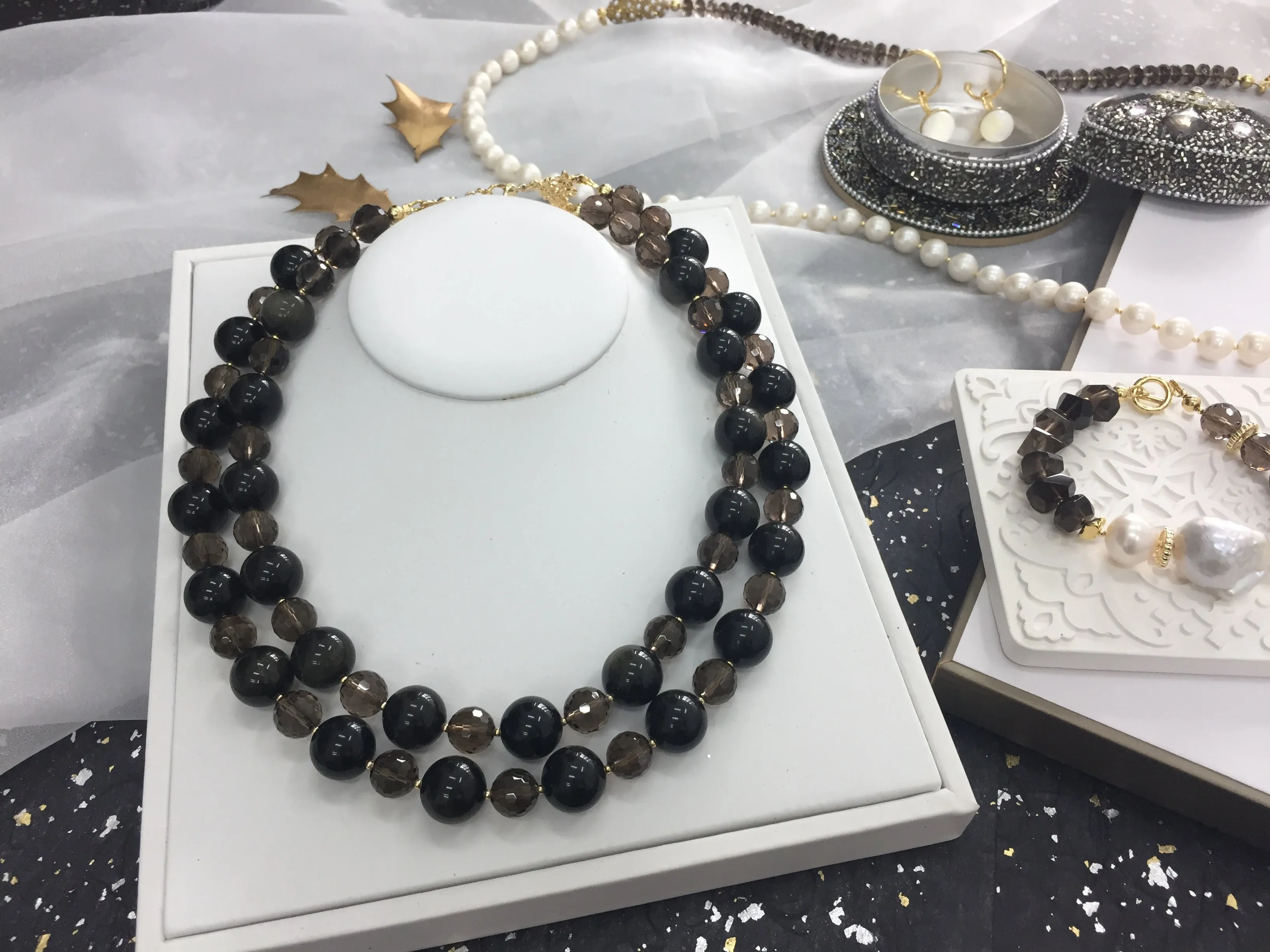 Black Obsidian With Smoky Quartz Double Strands Necklace AN022