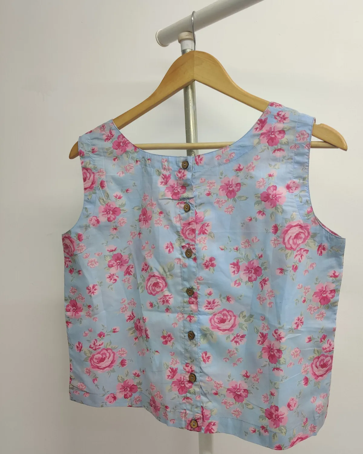 Blue Sleeveless Back Button Top