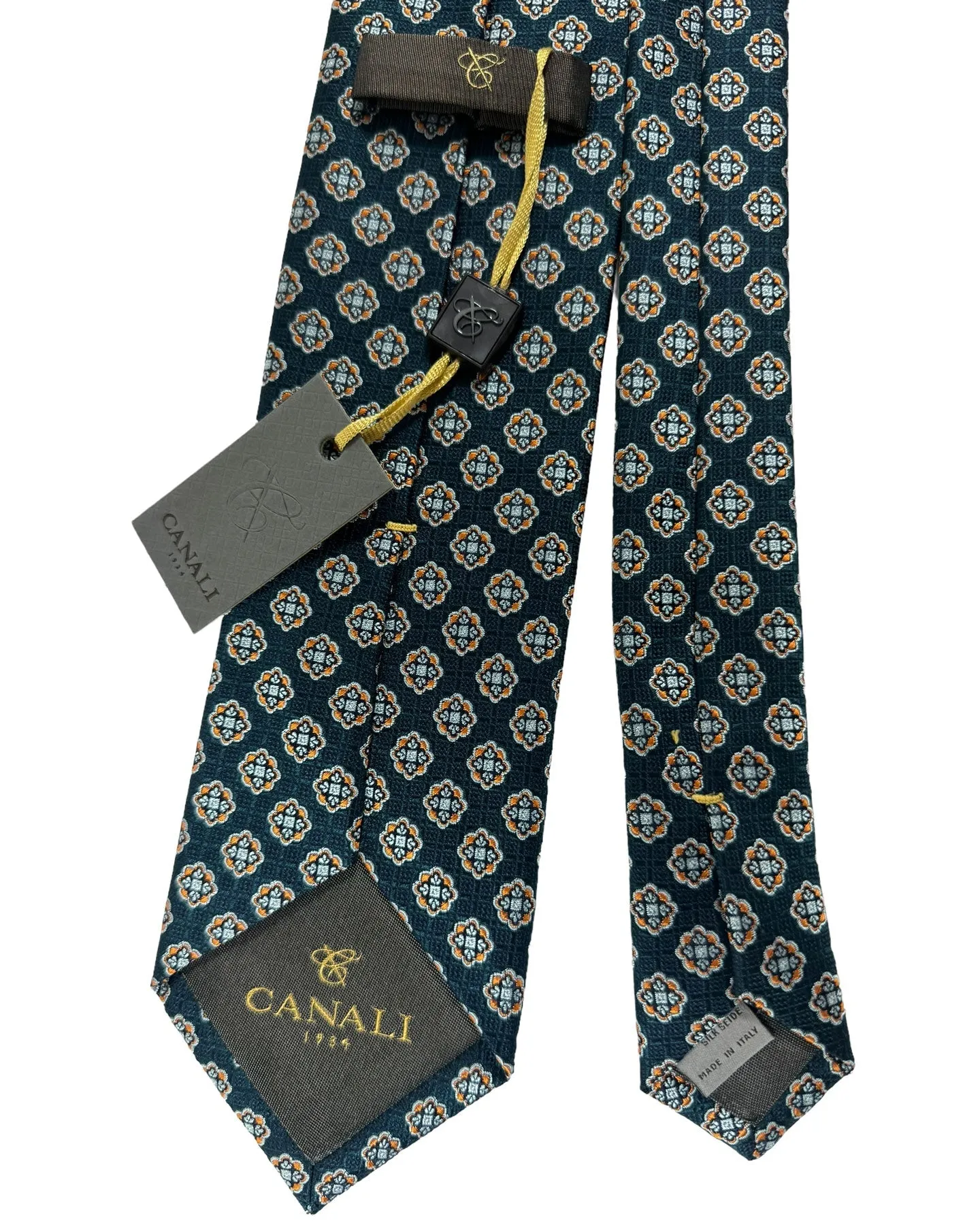 Canali Silk Tie Dark Green Gray Rust Orange Medallions