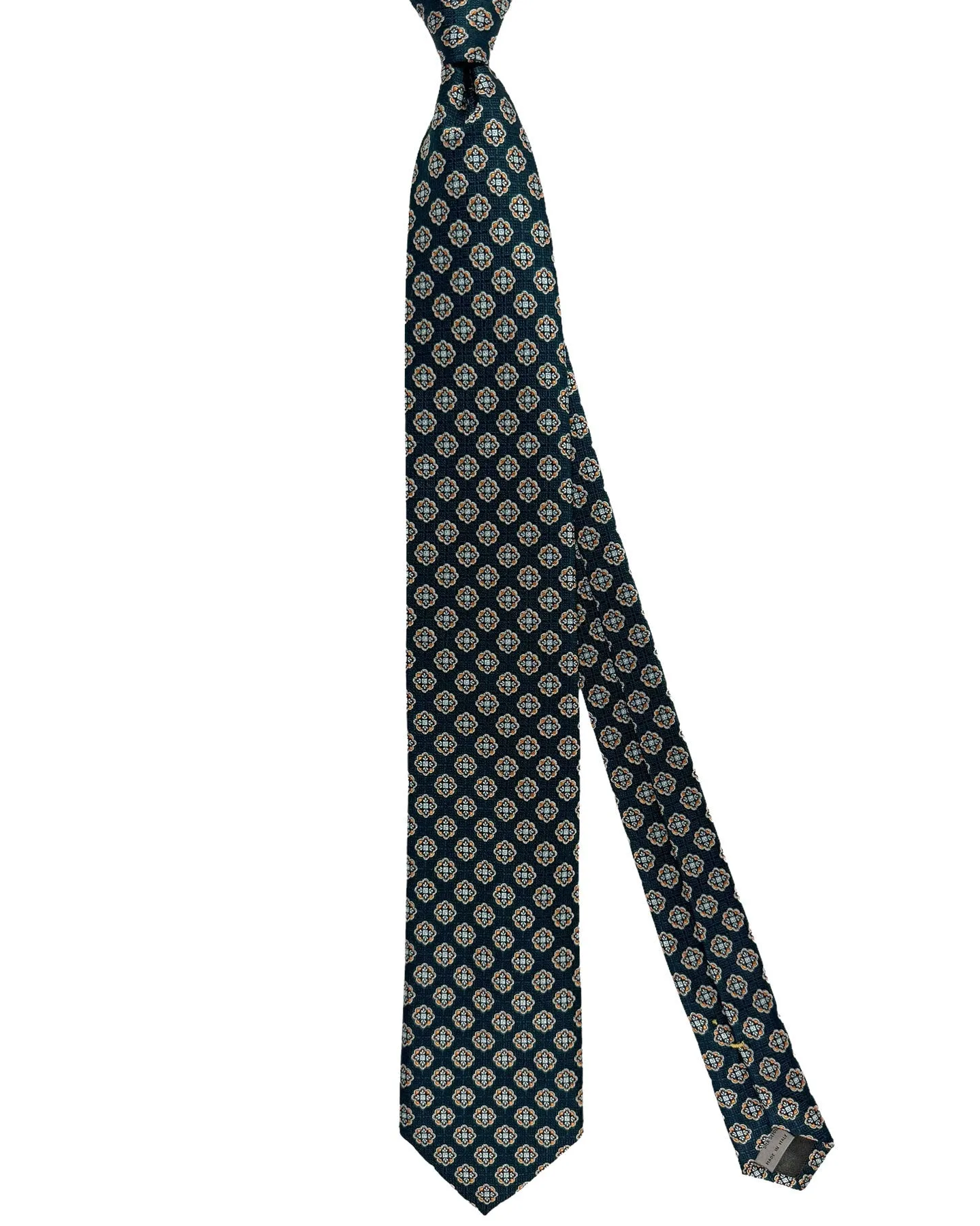 Canali Silk Tie Dark Green Gray Rust Orange Medallions