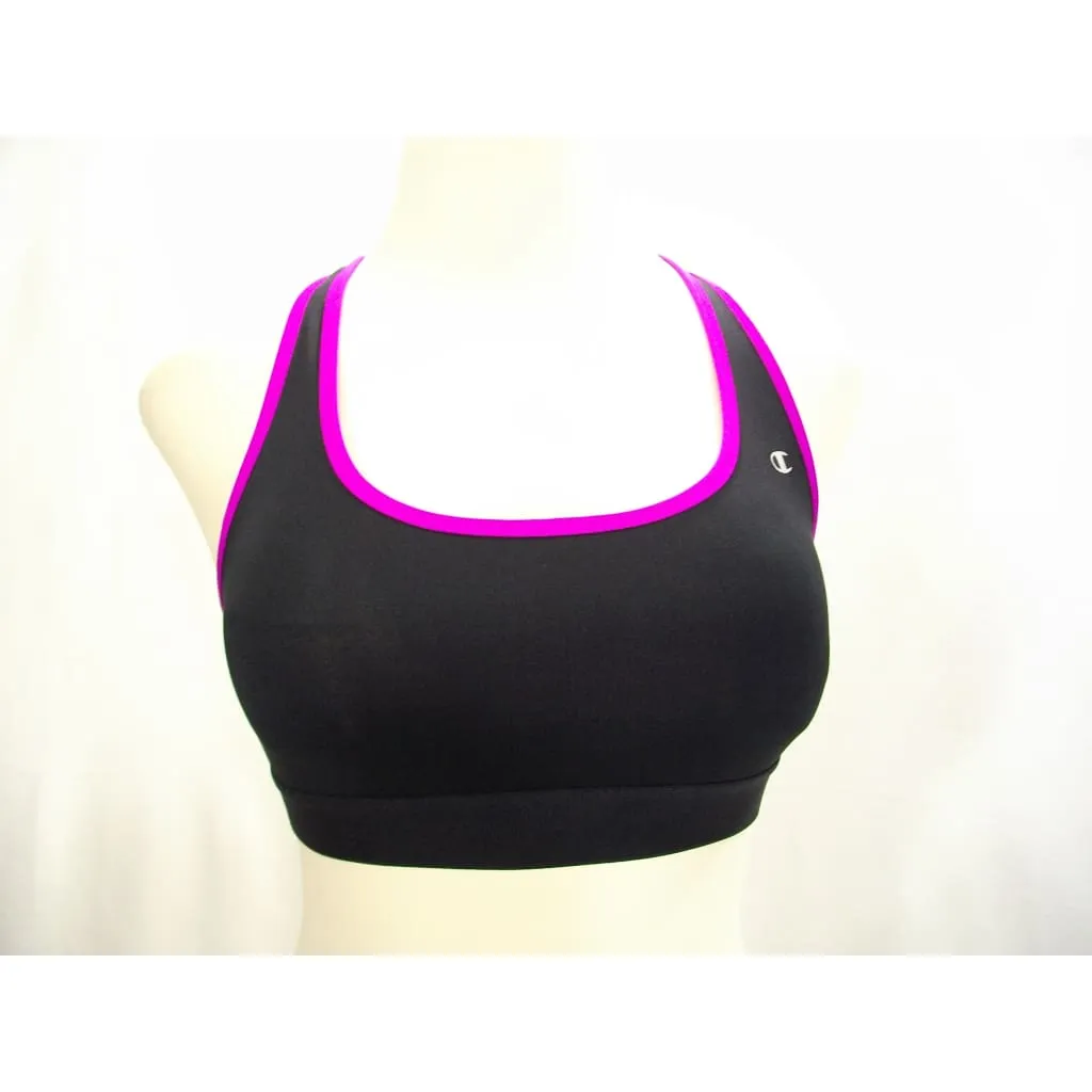 Champion B0791 Compression Racerback Wire Free Sports Bra MEDIUM Black with Purple Trim