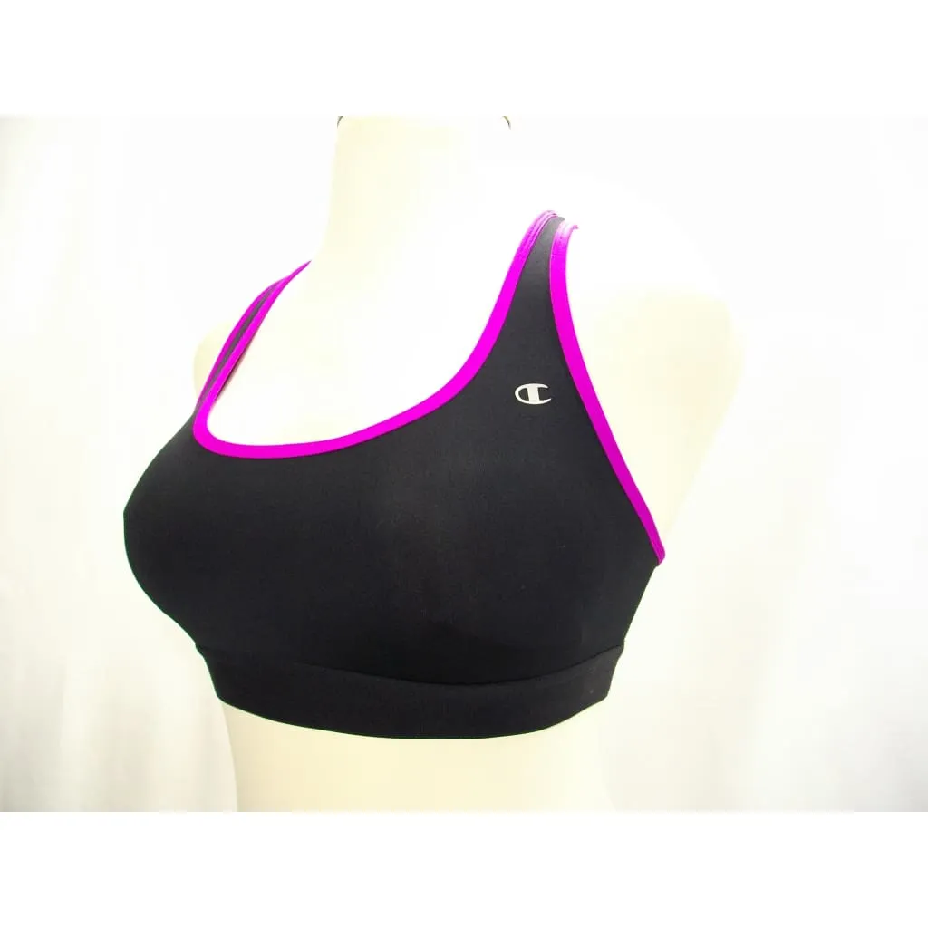 Champion B0791 Compression Racerback Wire Free Sports Bra MEDIUM Black with Purple Trim