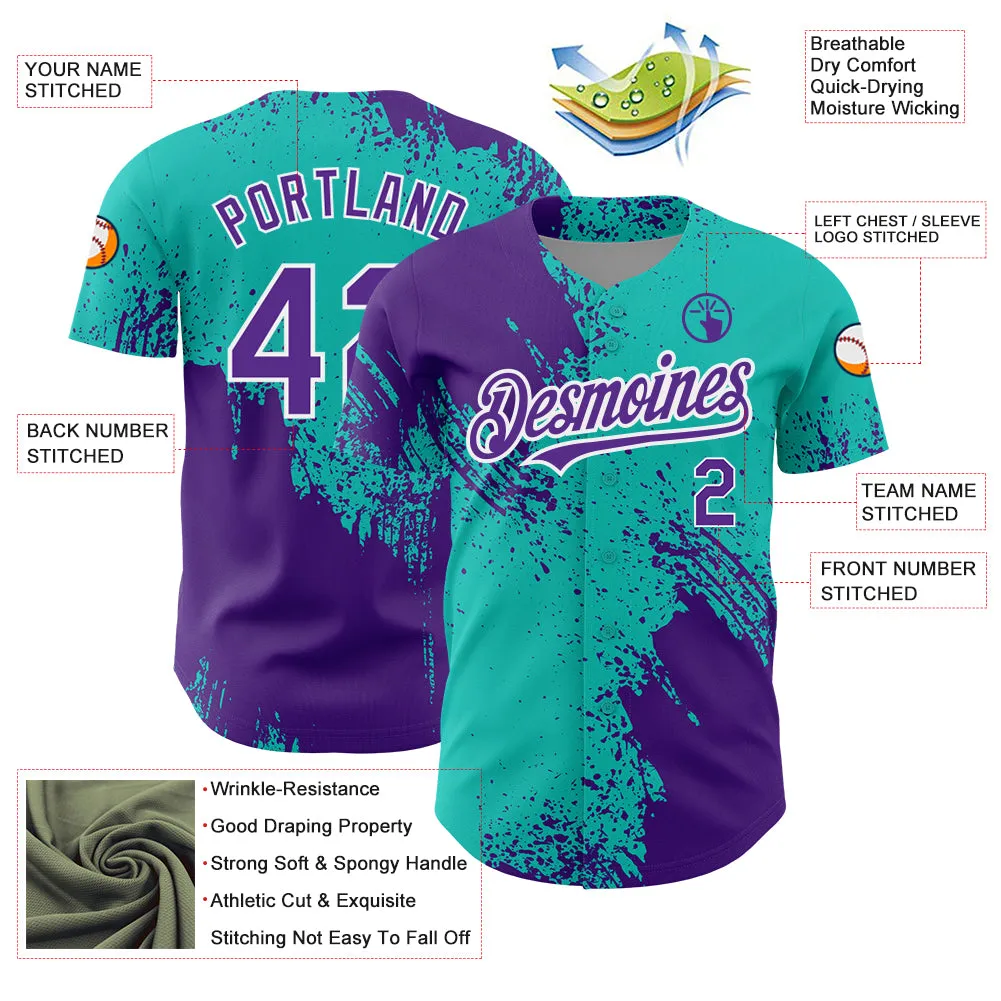 Custom Aqua Purple-White 3D Pattern Design Abstract Brush Stroke Authentic Baseball Jersey