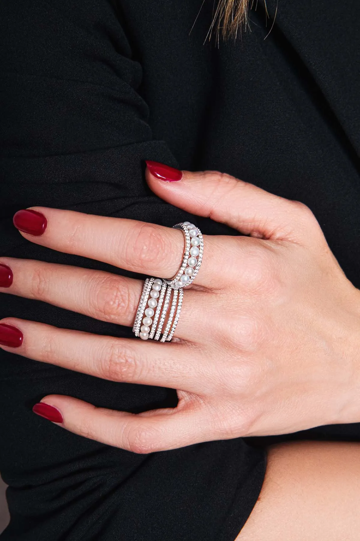 Double Paved Hoop Ring with Pearls