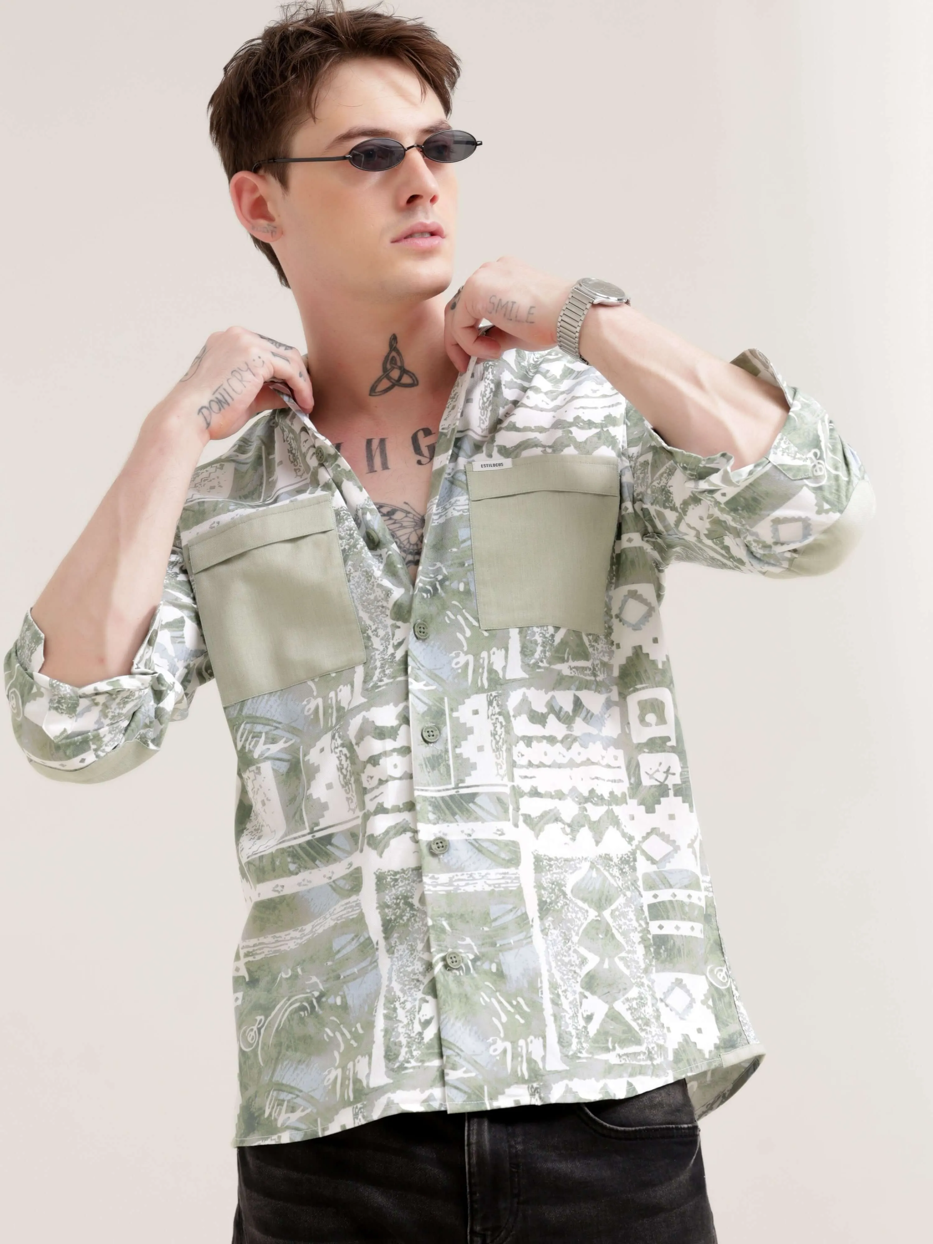 Duval green abstract print shirt