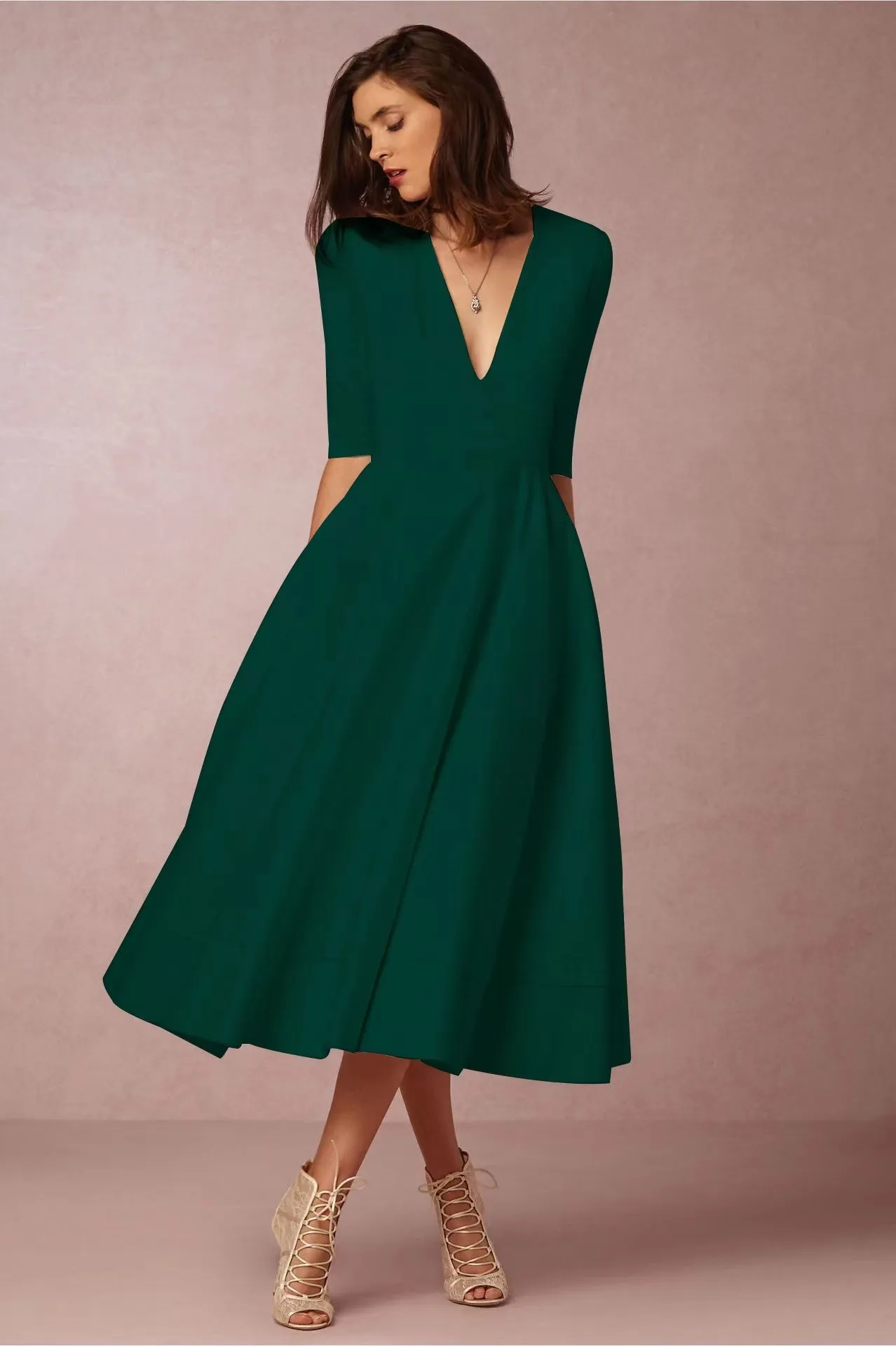 Elegant solid color v-neck midi dress