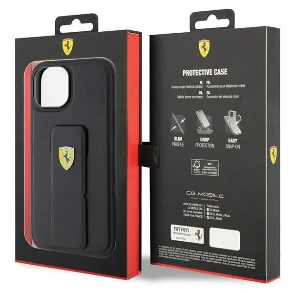 Ferrari Hard Case Grip Stand with Metal Logo for iphone 15 6.1" Black - FEHCP15SGSPSIK