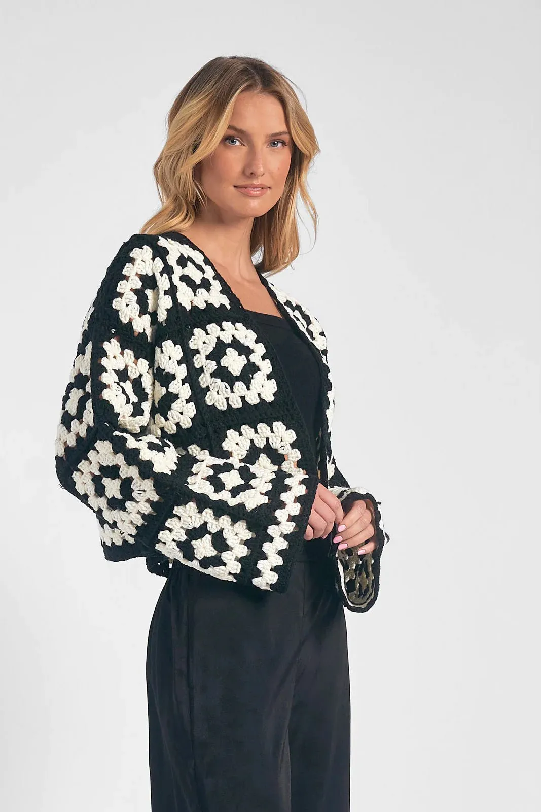 Floral Square Crochet Open Knit Cardigan