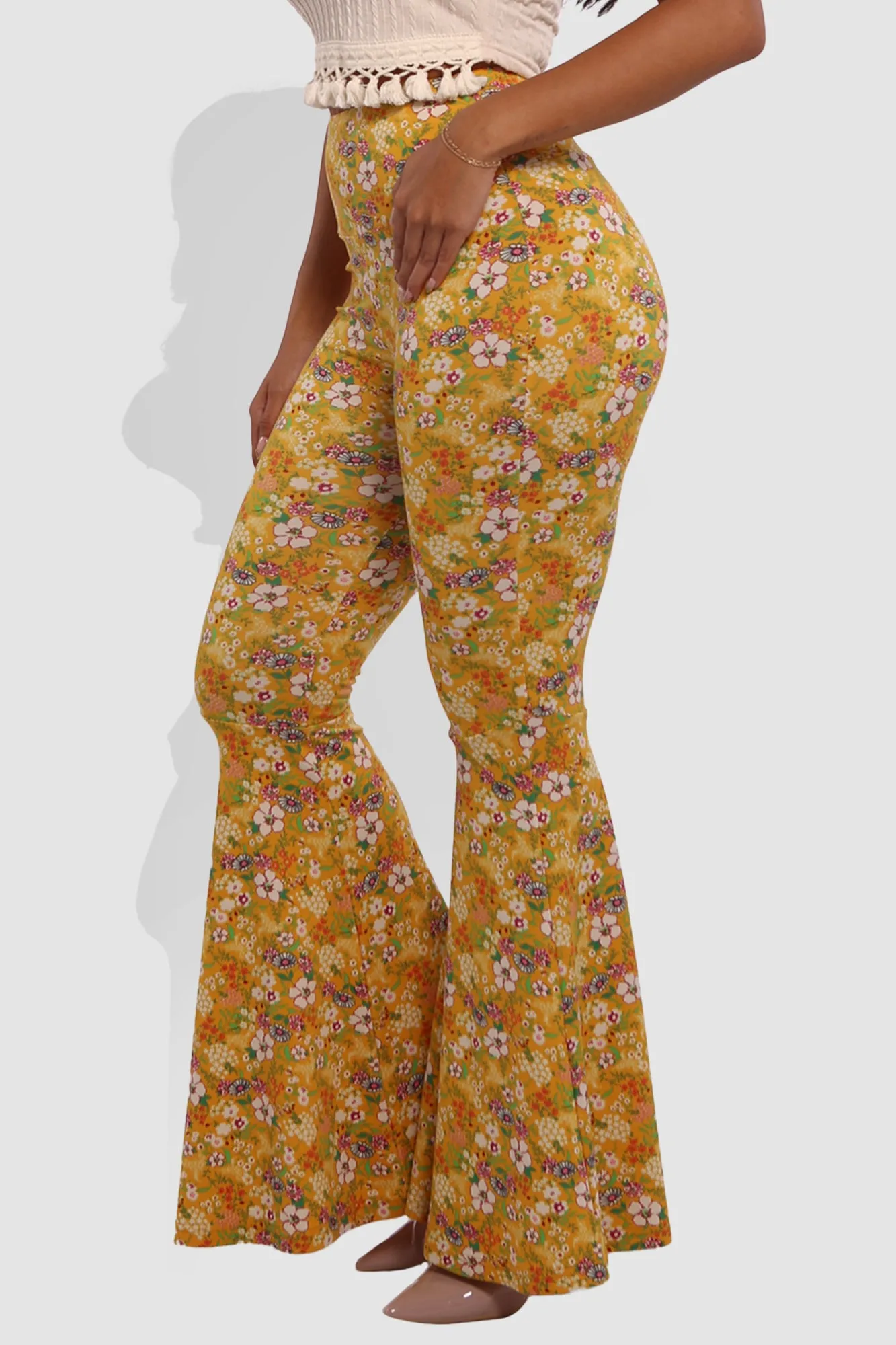 High Waist Soft Brushed Wide Flare Pants - Yellow, White Floral