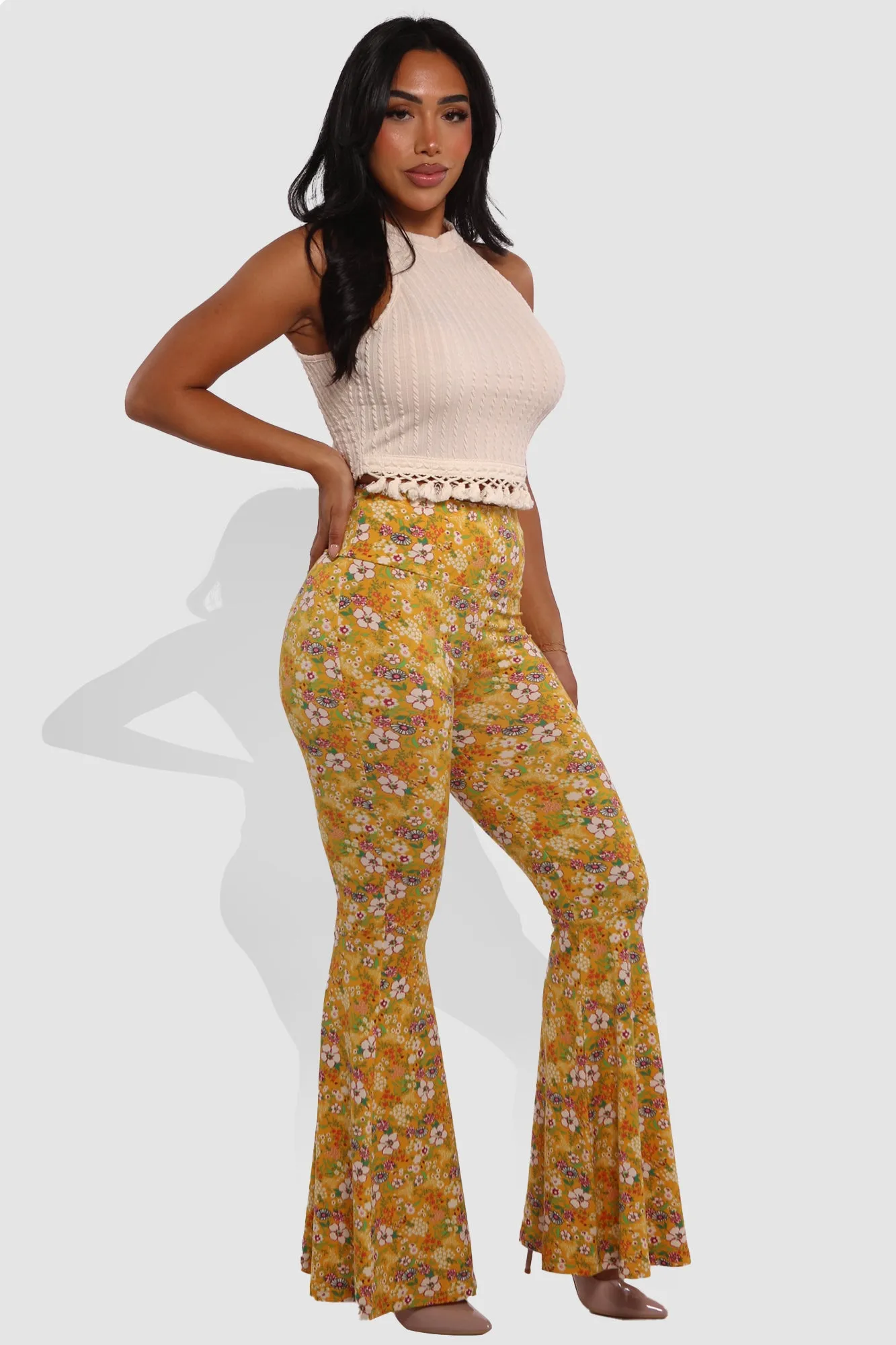 High Waist Soft Brushed Wide Flare Pants - Yellow, White Floral