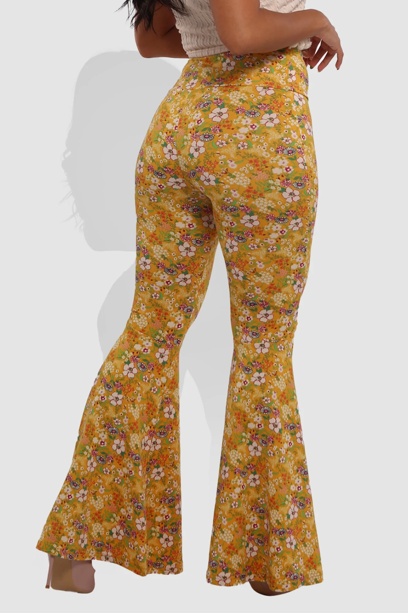 High Waist Soft Brushed Wide Flare Pants - Yellow, White Floral