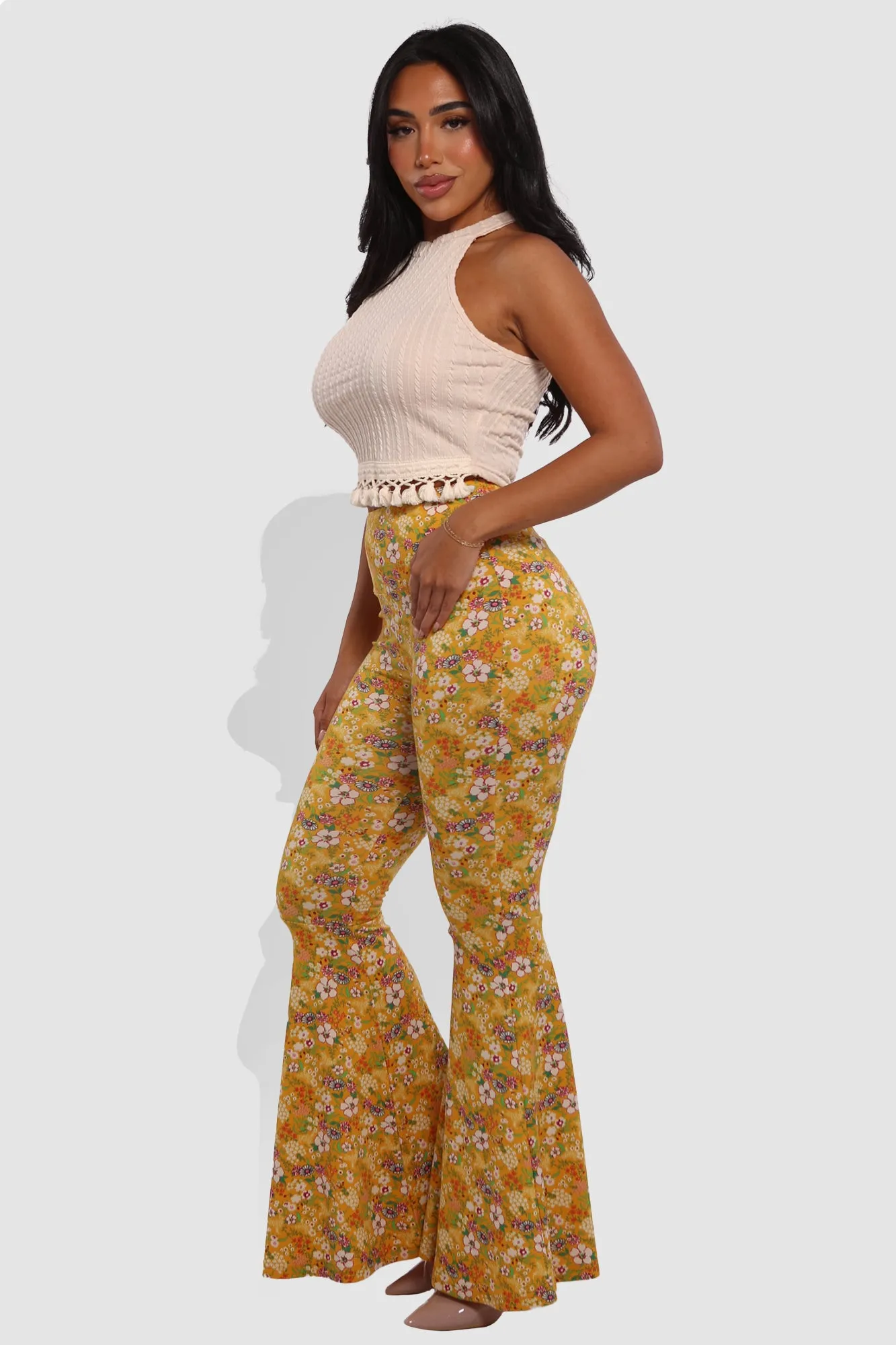 High Waist Soft Brushed Wide Flare Pants - Yellow, White Floral