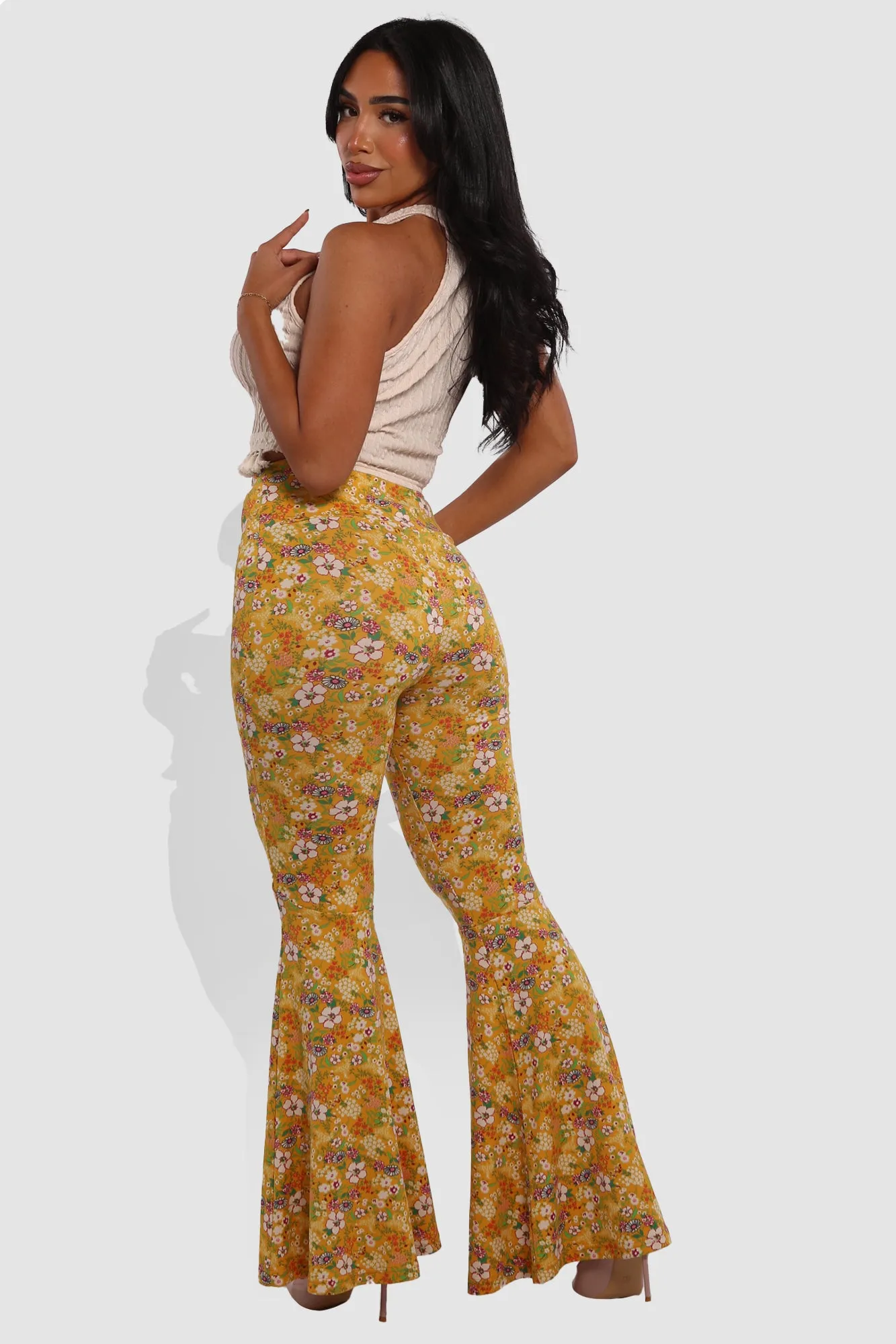 High Waist Soft Brushed Wide Flare Pants - Yellow, White Floral