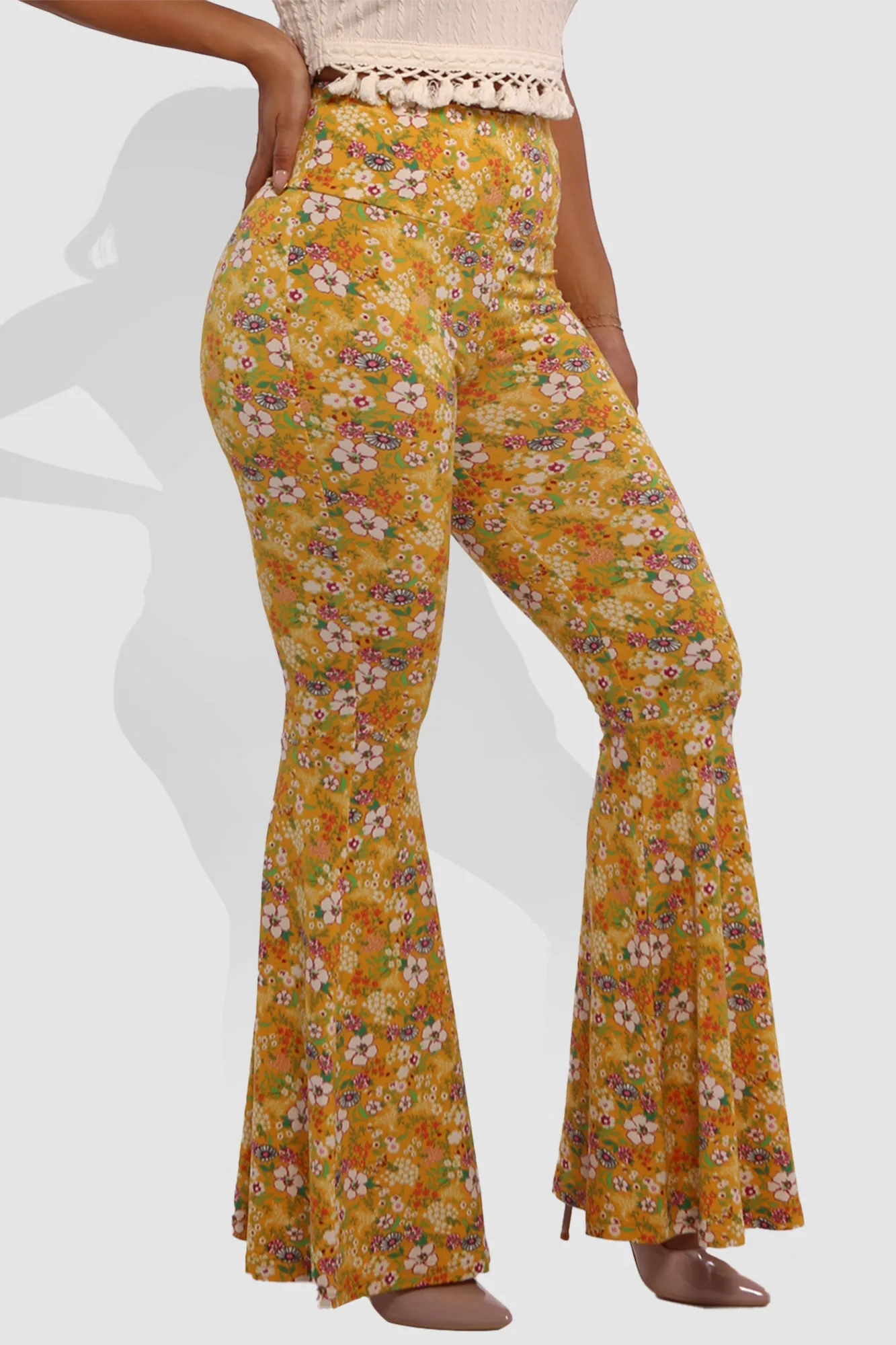 High Waist Soft Brushed Wide Flare Pants - Yellow, White Floral