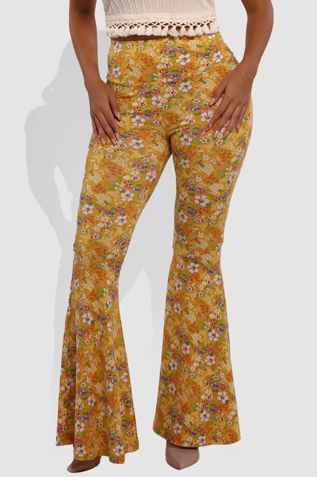 High Waist Soft Brushed Wide Flare Pants - Yellow, White Floral