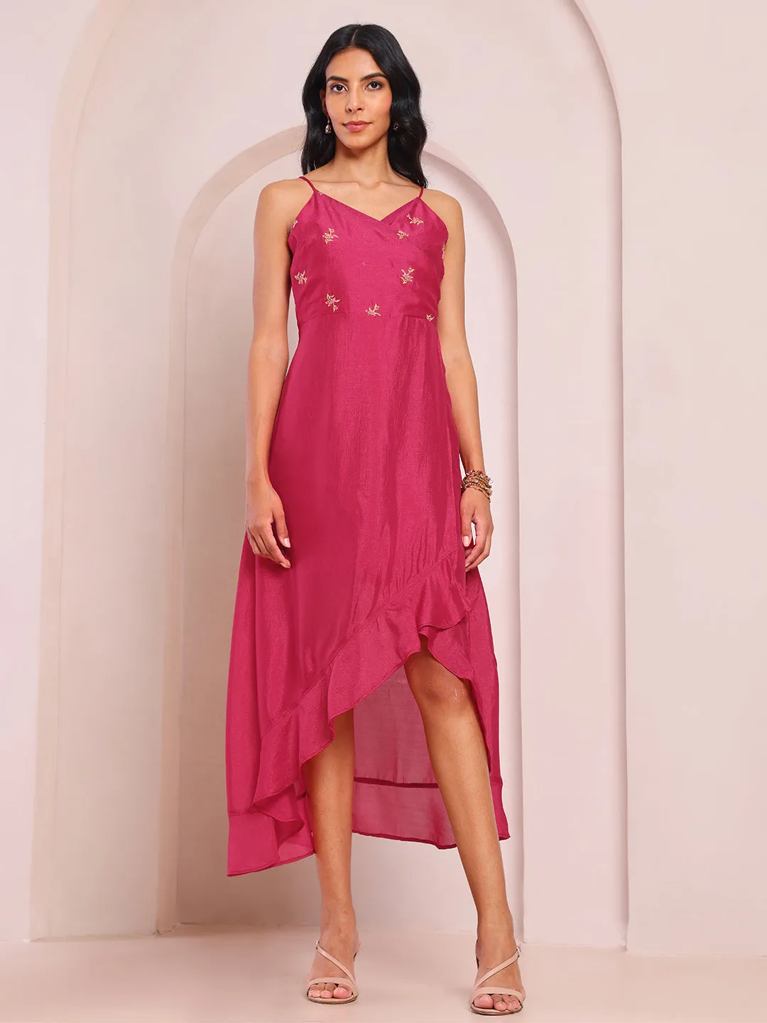 Inara Embroidered Magenta Asymmetric Strappy Dress