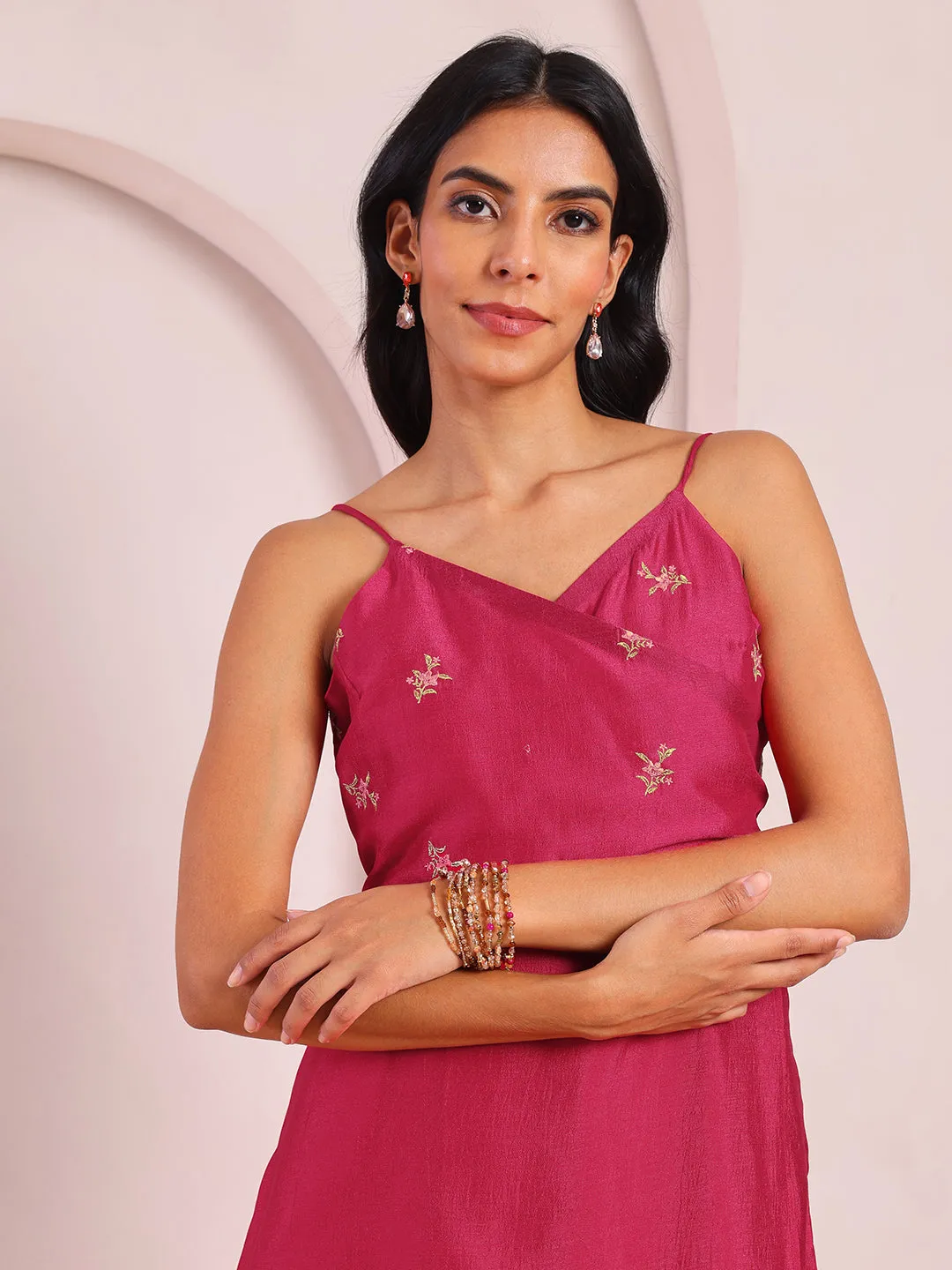 Inara Embroidered Magenta Asymmetric Strappy Dress