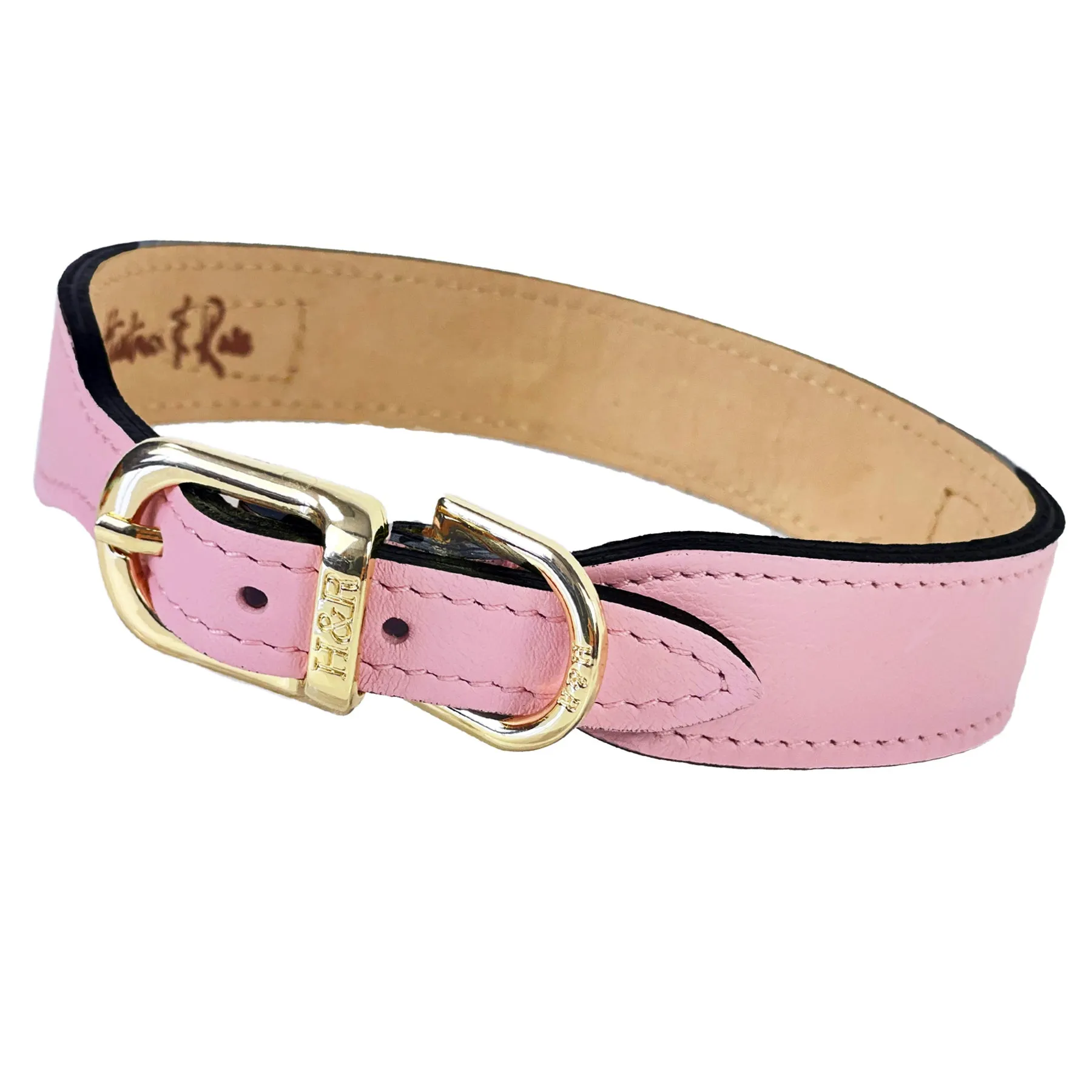 Italian Sweet Pink Leather Dog Collar in Gold