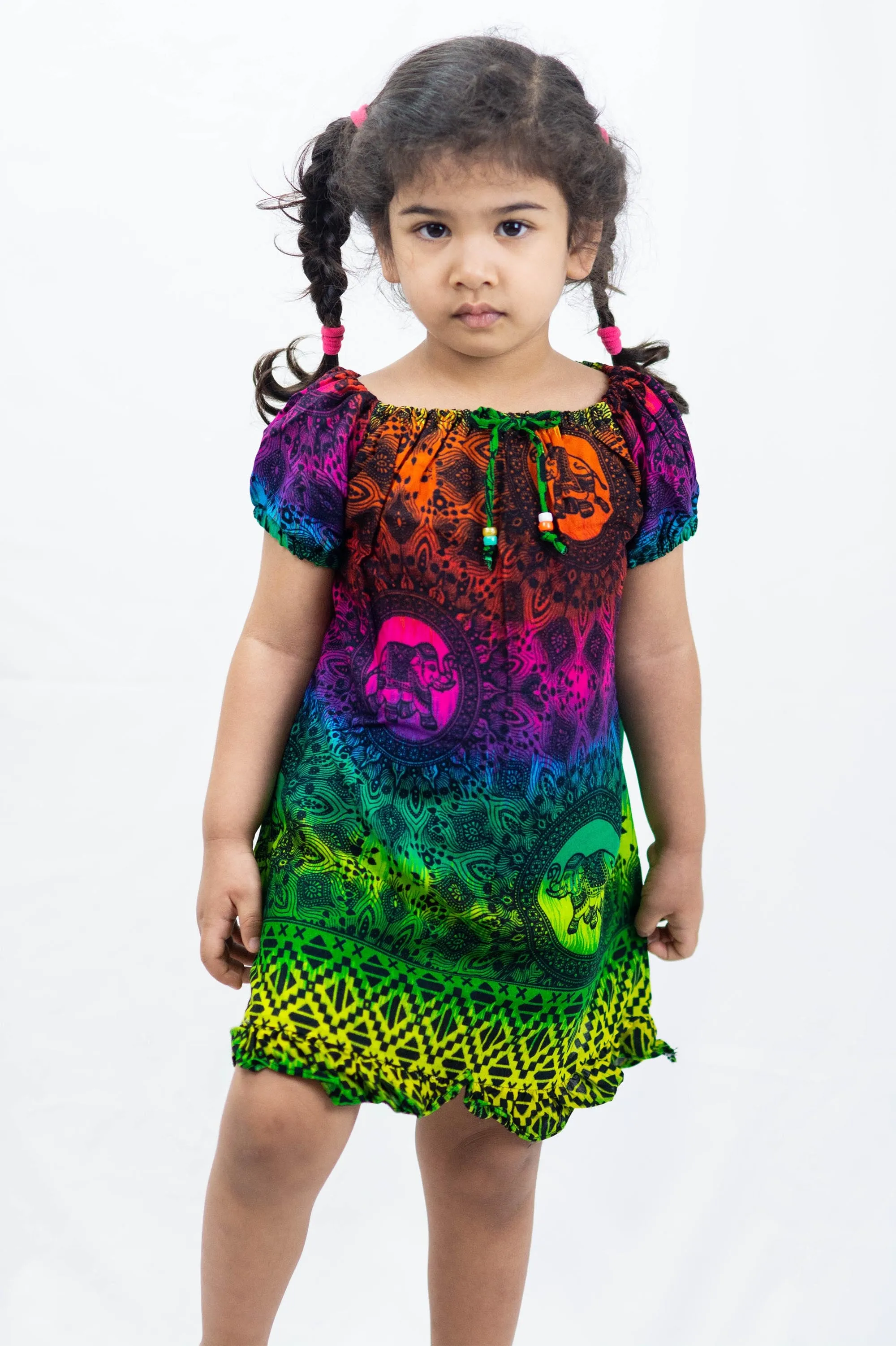 Kids Rainbow Elephant Dress in Green