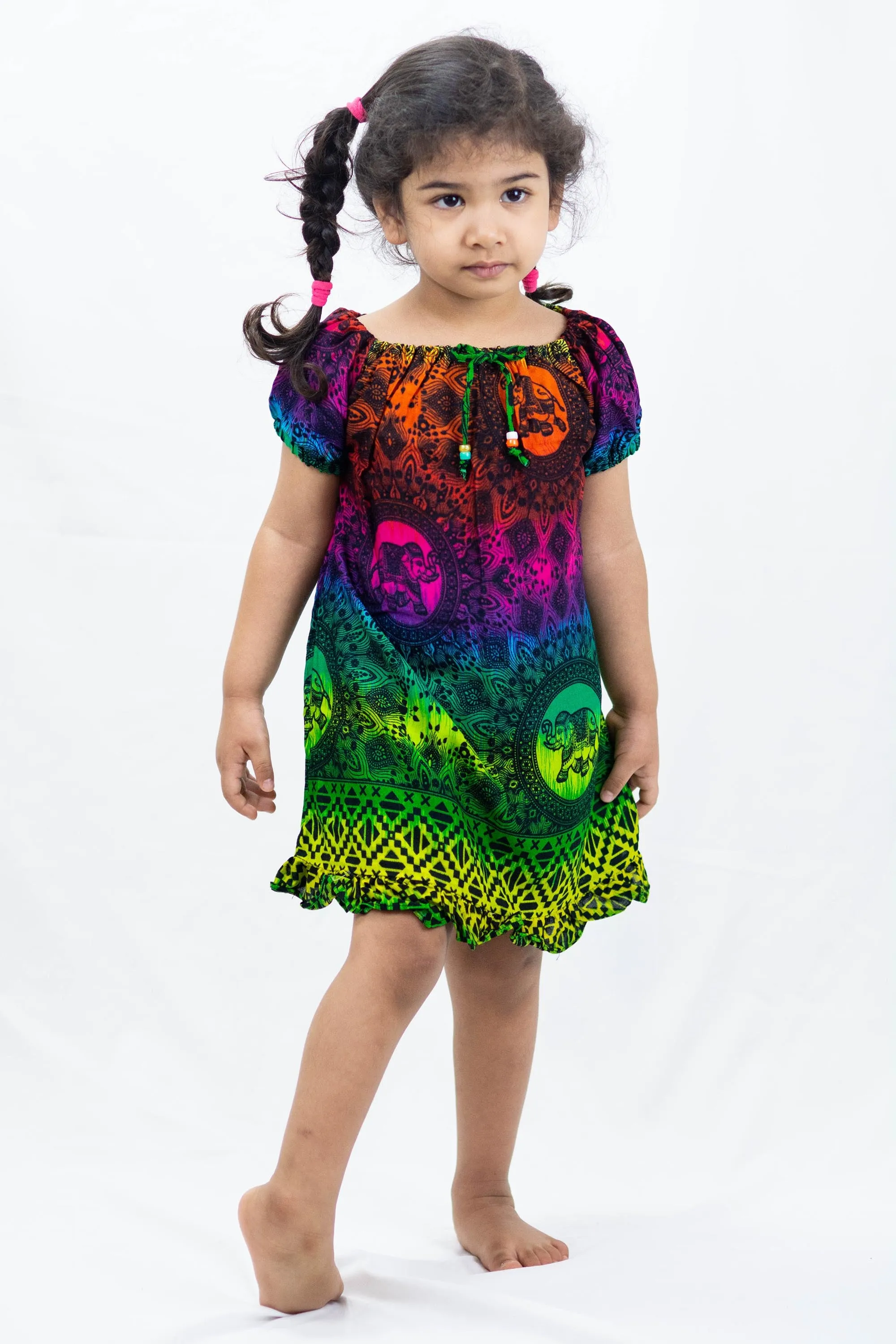 Kids Rainbow Elephant Dress in Green