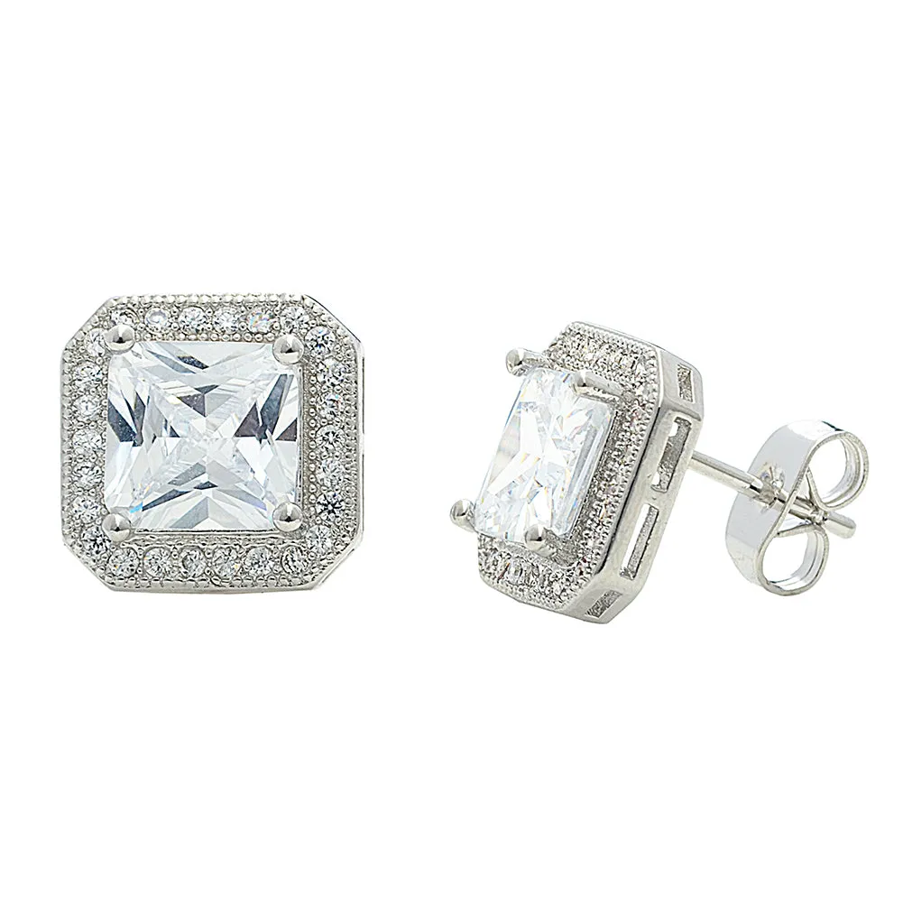 Londyn 18k White Gold Plated Princess Cut CZ Halo Stud Earrings