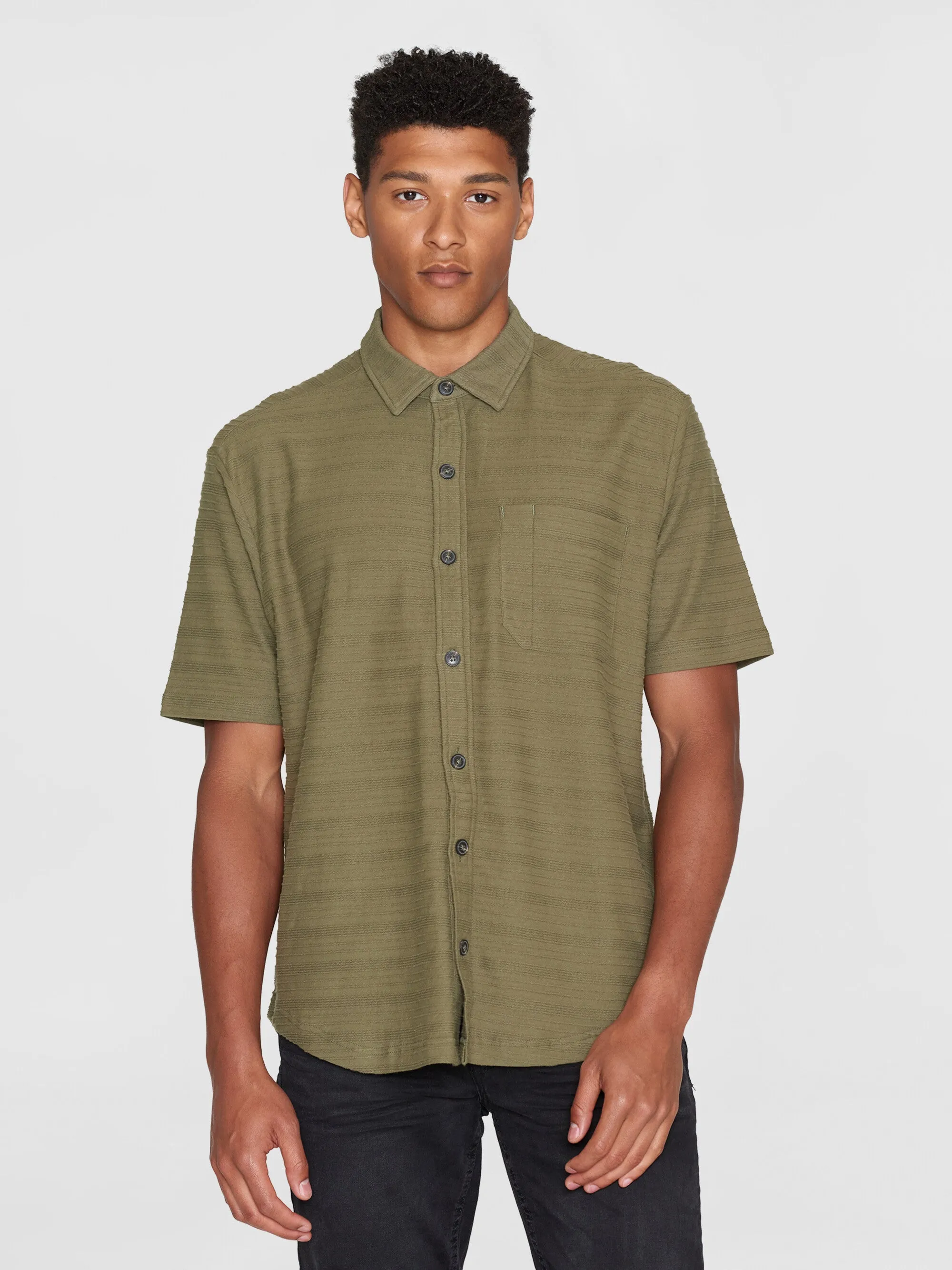 Loose short sleeve cotton solid striped jersey shirt GOTS/Vegan - Burned Olive