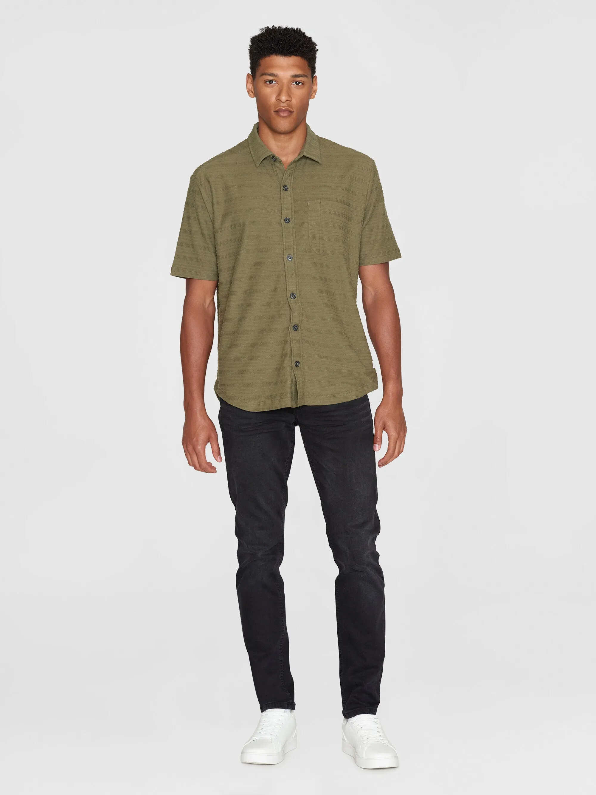 Loose short sleeve cotton solid striped jersey shirt GOTS/Vegan - Burned Olive