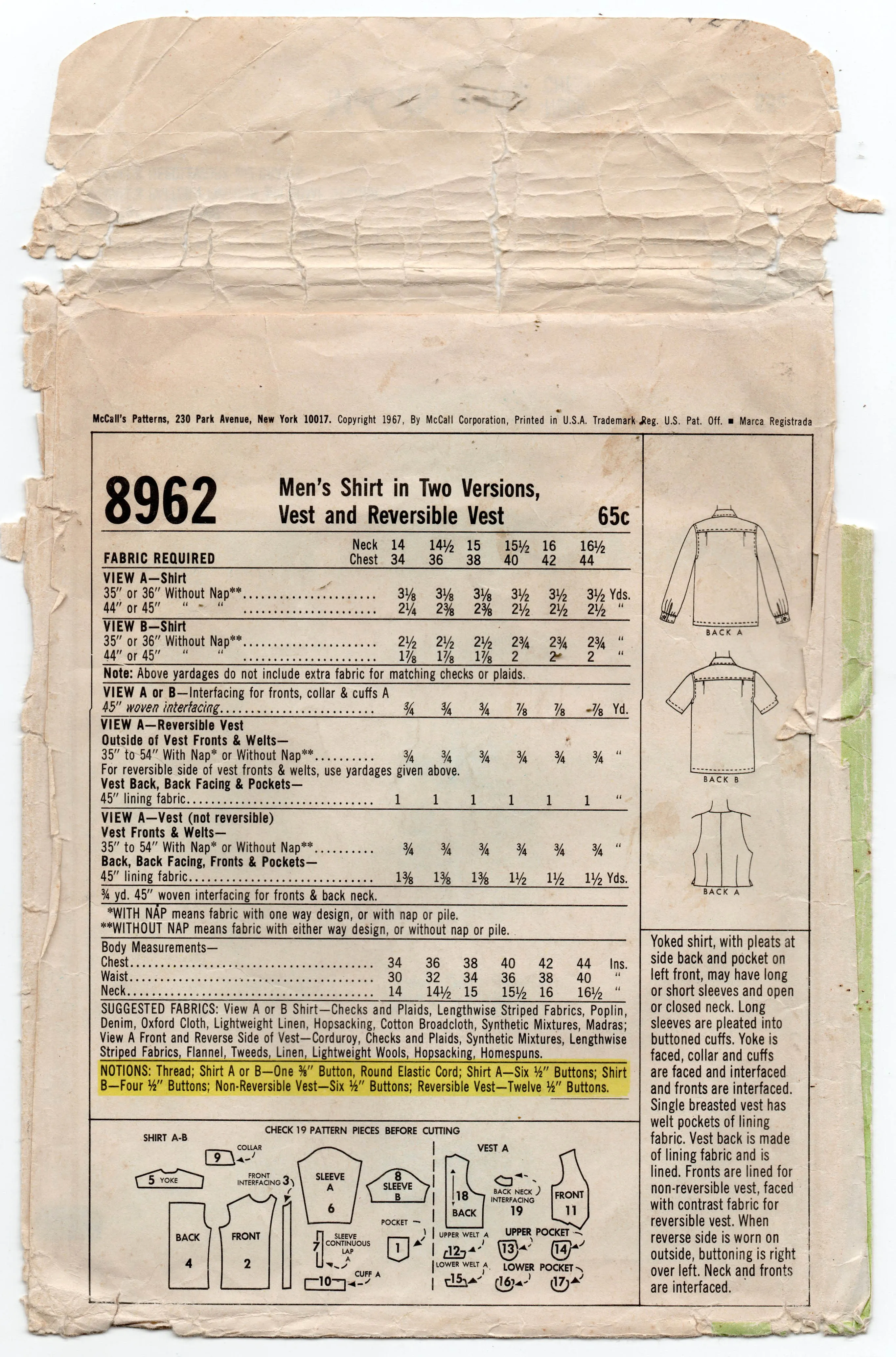 McCall's 8962 Mens Classic Shirts & Reversible Vest 1960s Vintage Sewing Pattern Chest 40 inches