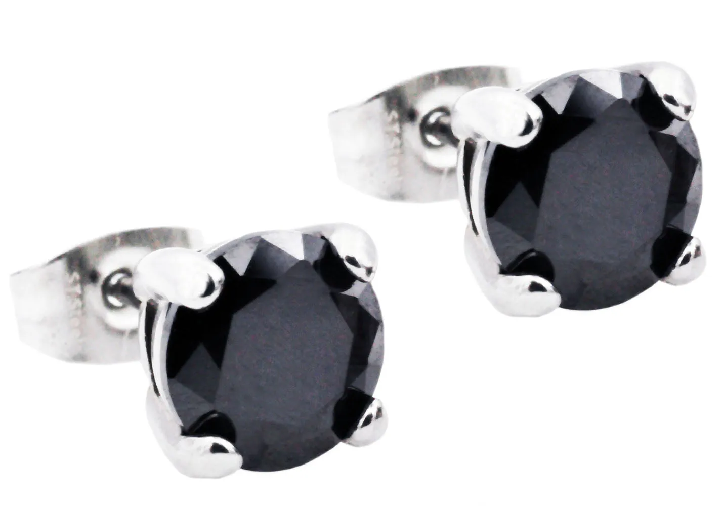 Mens 7mm Stainless Steel Earrings With Black Cubic Zirconia